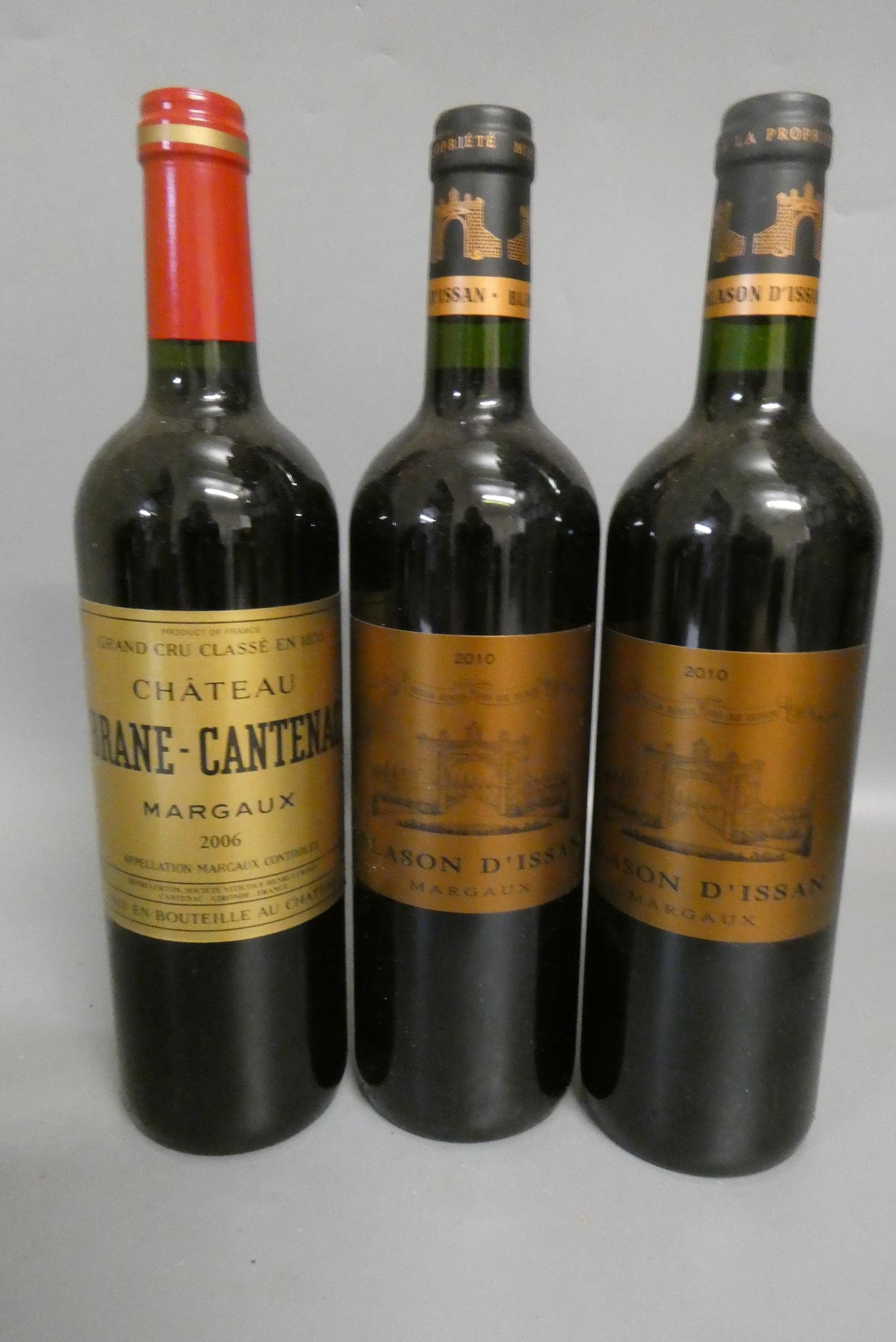 Three bottles Margaux, comprising one 2006 Chateau Brane-Cantenac, and two 2010 Blason D'Issan (Est. Image