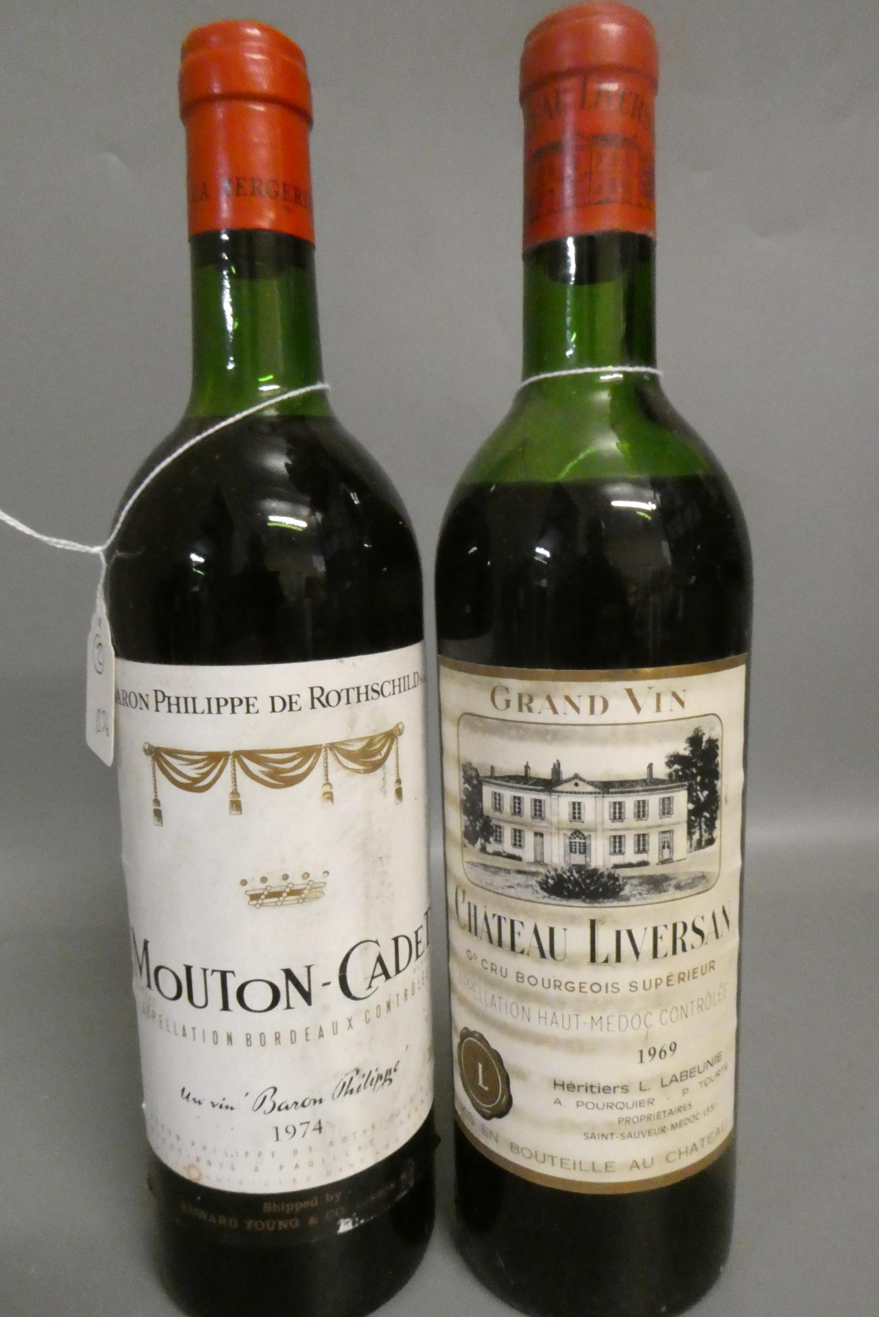 Two bottles of red bordeaux, comprising a Chateau Liversan 1969 grand vin, and a Mouton-Cadet 1974, Image