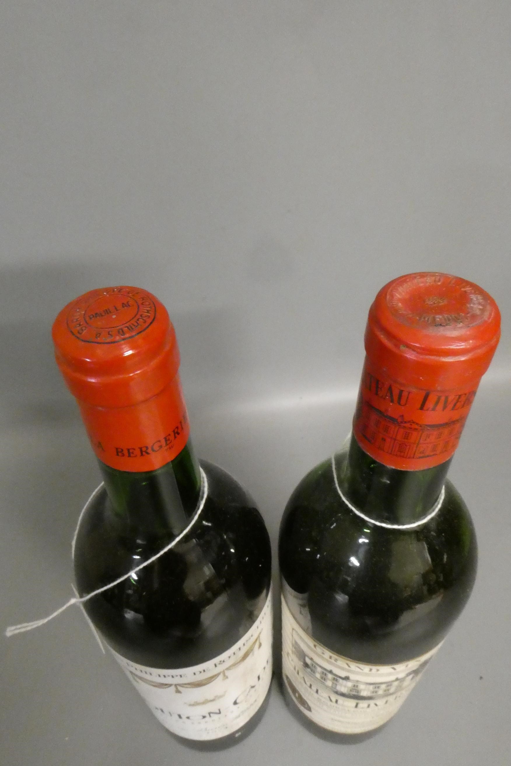 Two bottles of red bordeaux, comprising a Chateau Liversan 1969 grand vin, and a Mouton-Cadet 1974, Image