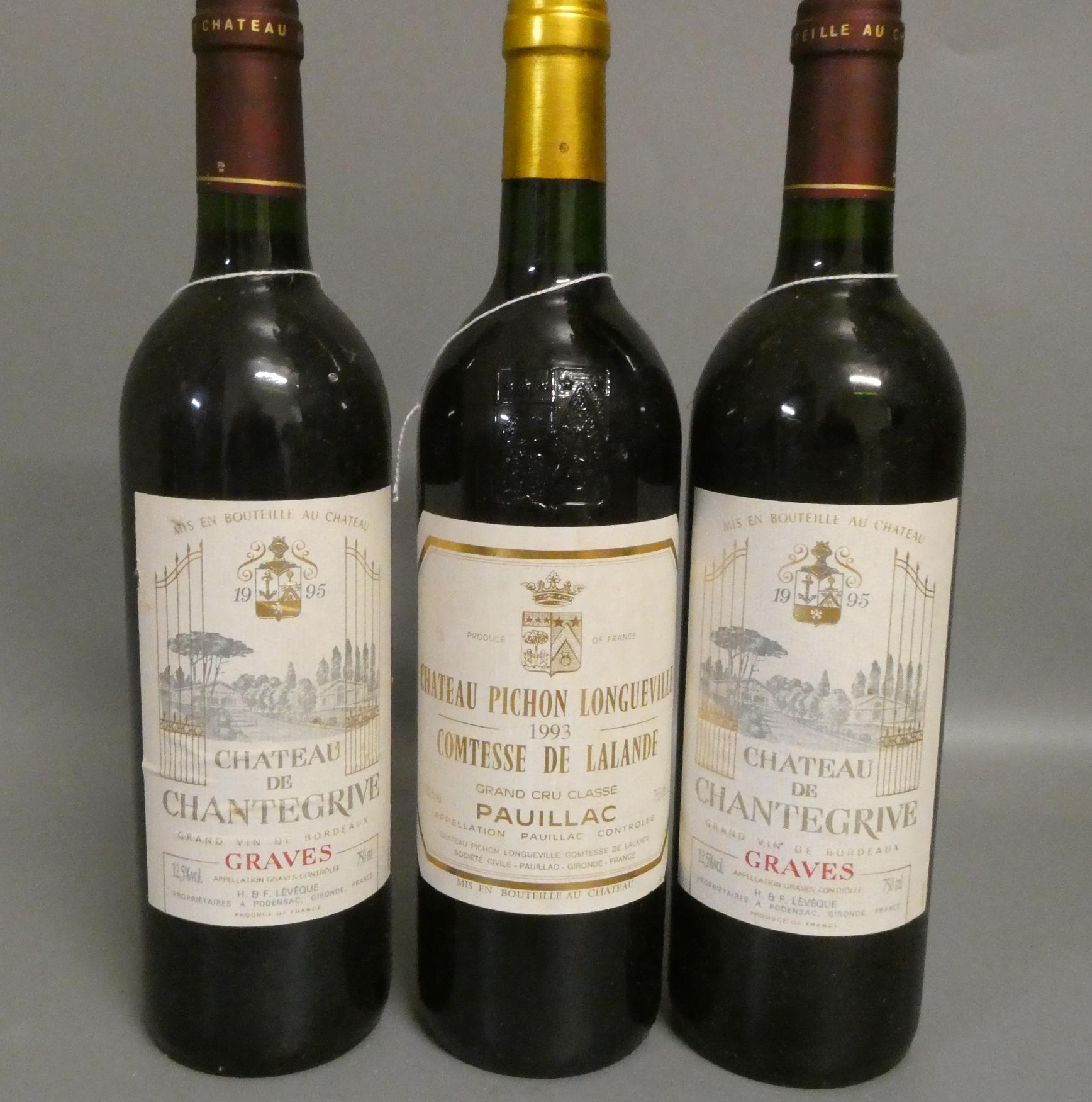 Three bottles of red bordeaux, comprising one Chateau Pichon Longueville, 1993, Comtesse de Lalande, Image