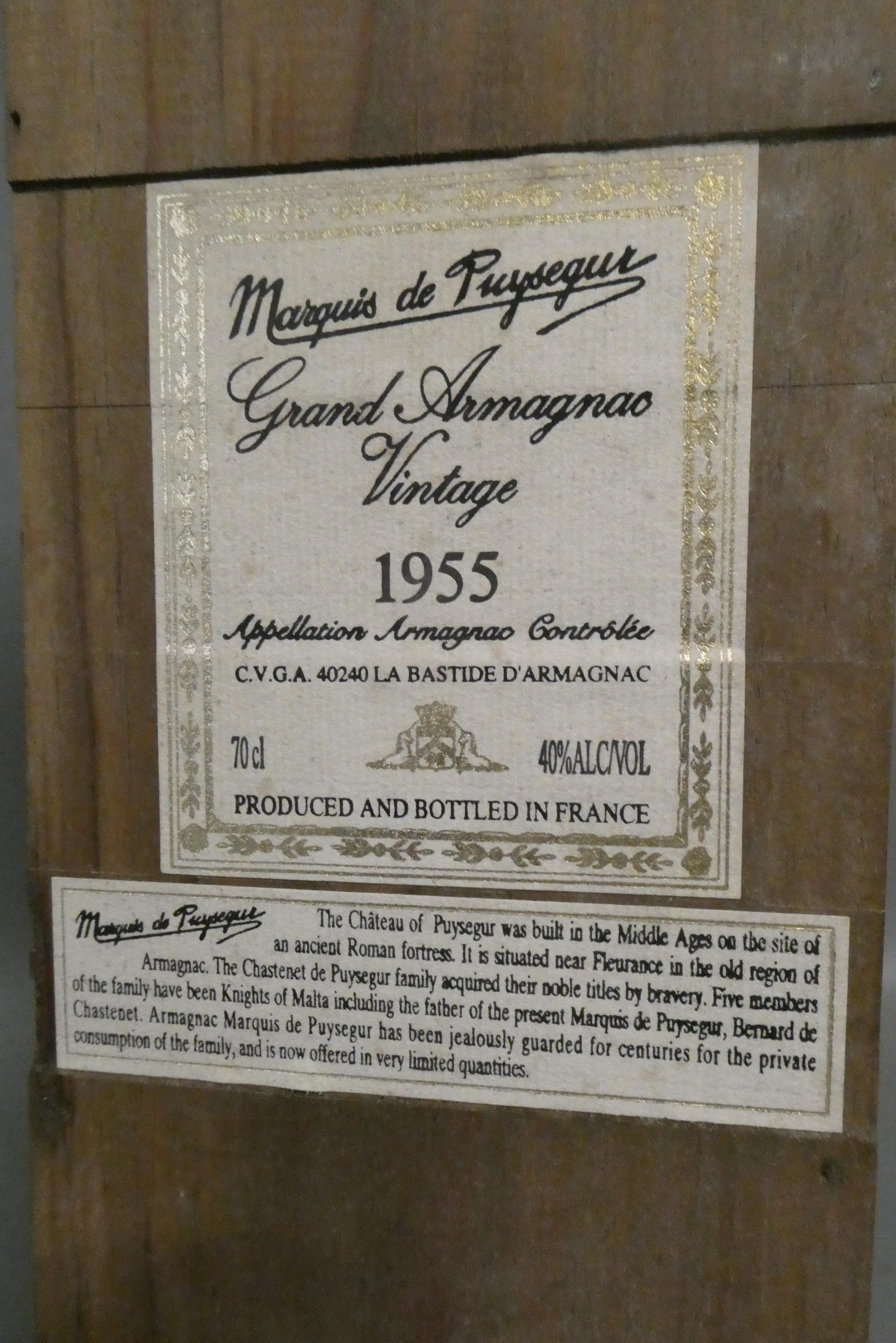 One bottle Marquis de Puysegur 1955 Grand Armagnac, boxed, 70cl, 40% (Est. plus 24% premium inc. Image