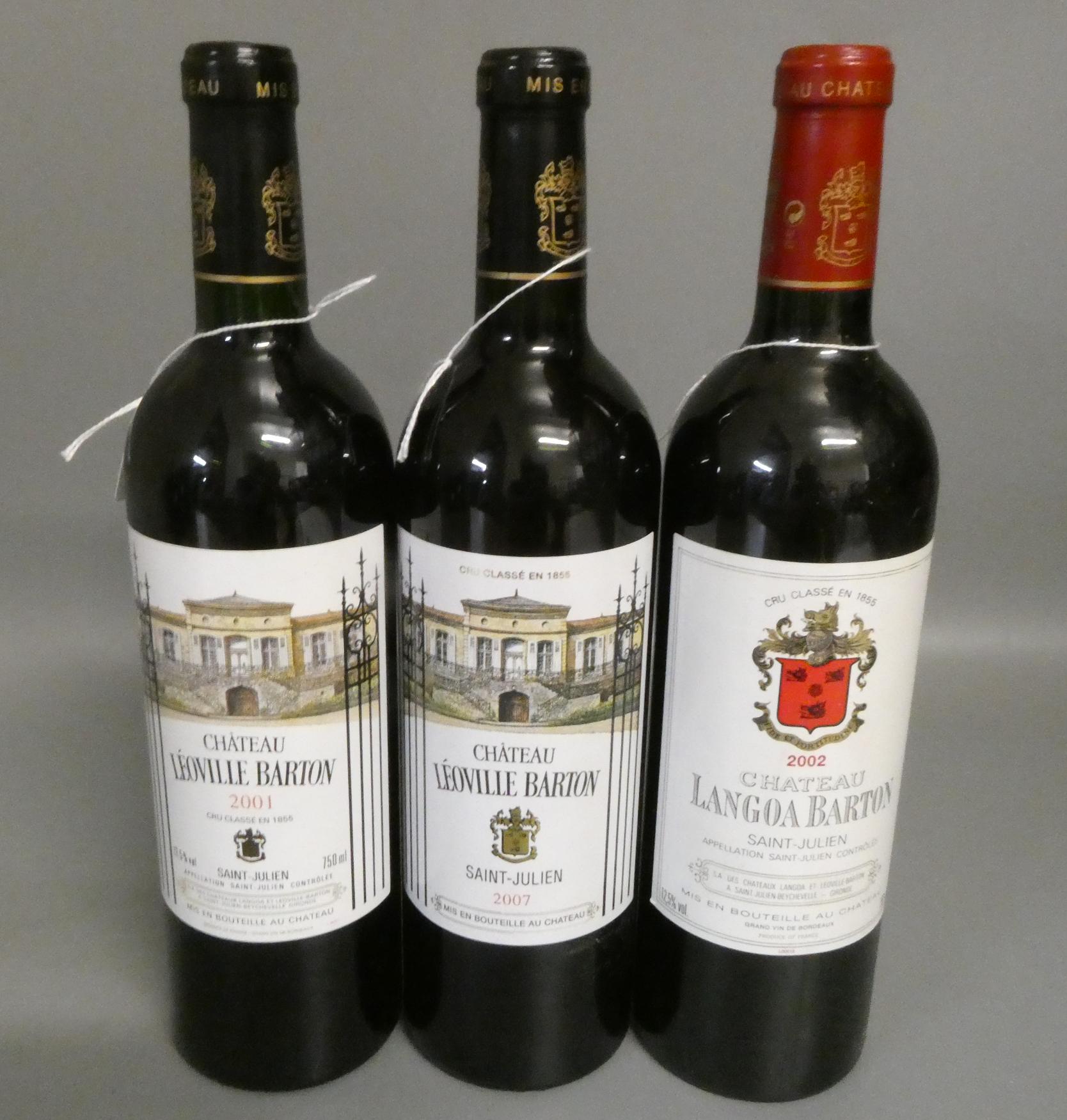Three bottles Saint-Julien, comprising one 2001 and one 2007 Chateau Leoville Barton, and a 2002 Image