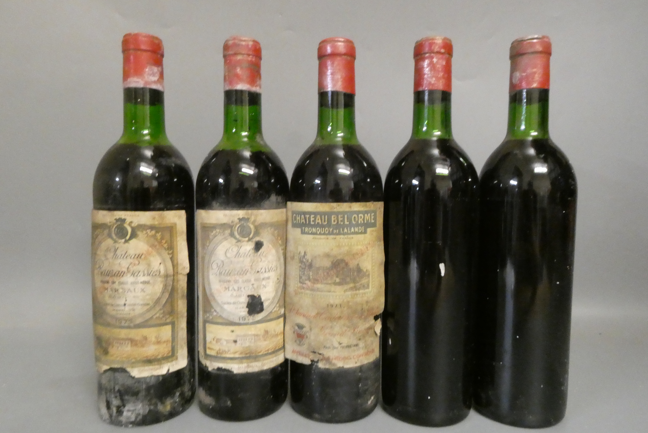 Five bottles of Bordeaux, comprising two 1973 Chateau Rauzan Gassies, margaux, and three 1971 Image