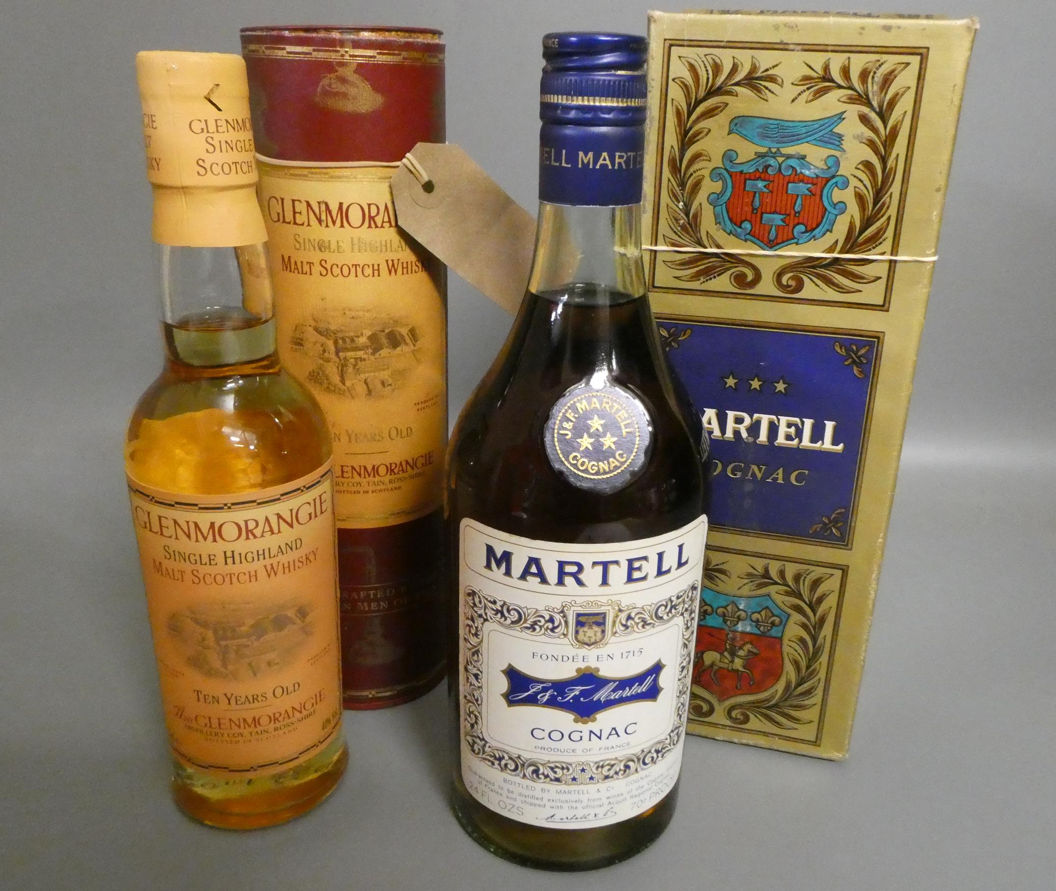 One Martell three star cognac, boxed, 24 fl. ozs., together with a 35cl 10yr old Glenmorangie single Image