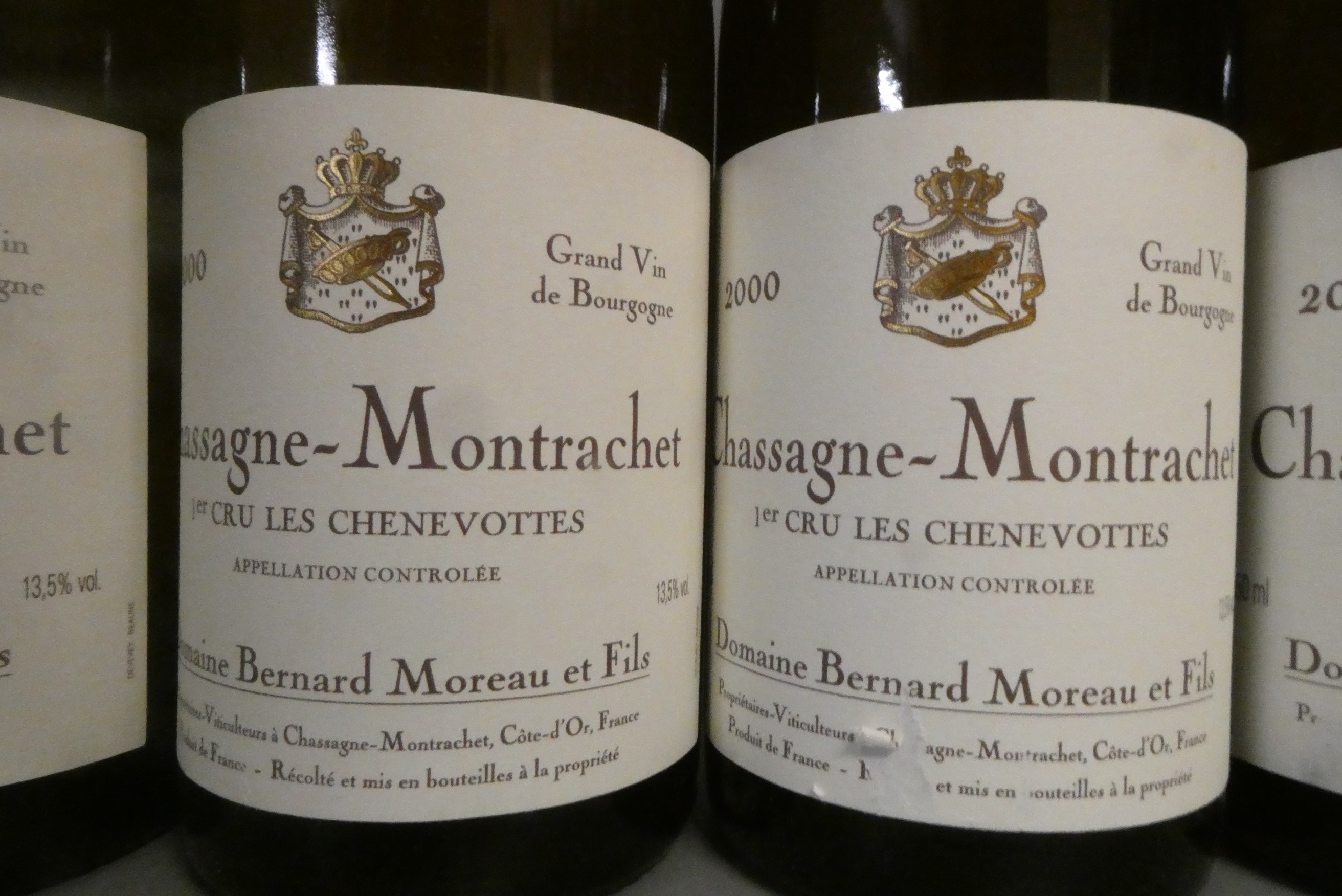 Four bottles Chassagne-Montrachet, 2000, 1er cru Les Chenevottes, Domaine Bernard Moreau et Fils Image