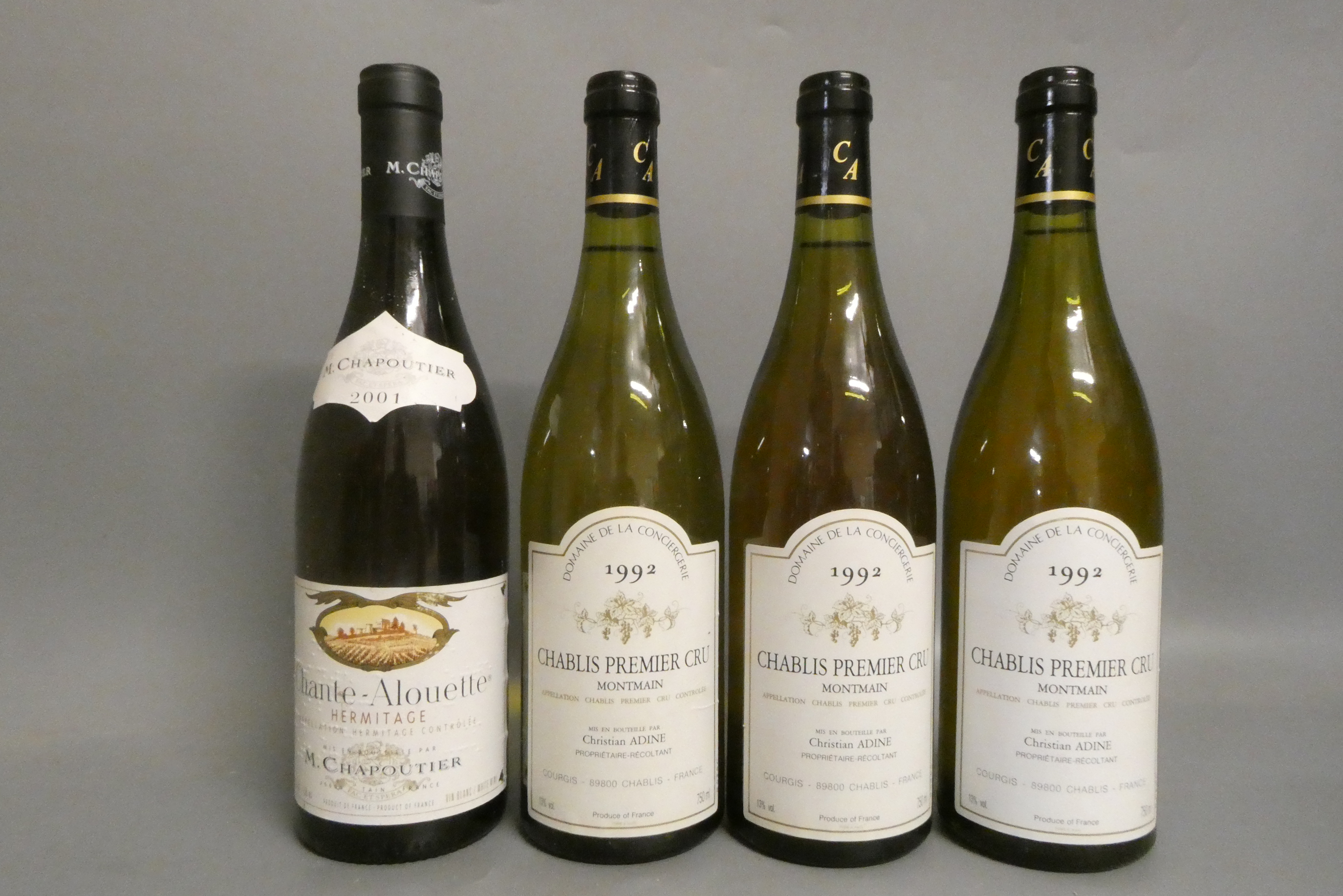 Three bottles Chablis Premier Cru, 1992, montmain, Christian Adine, together with a Chante-Alouette, Image