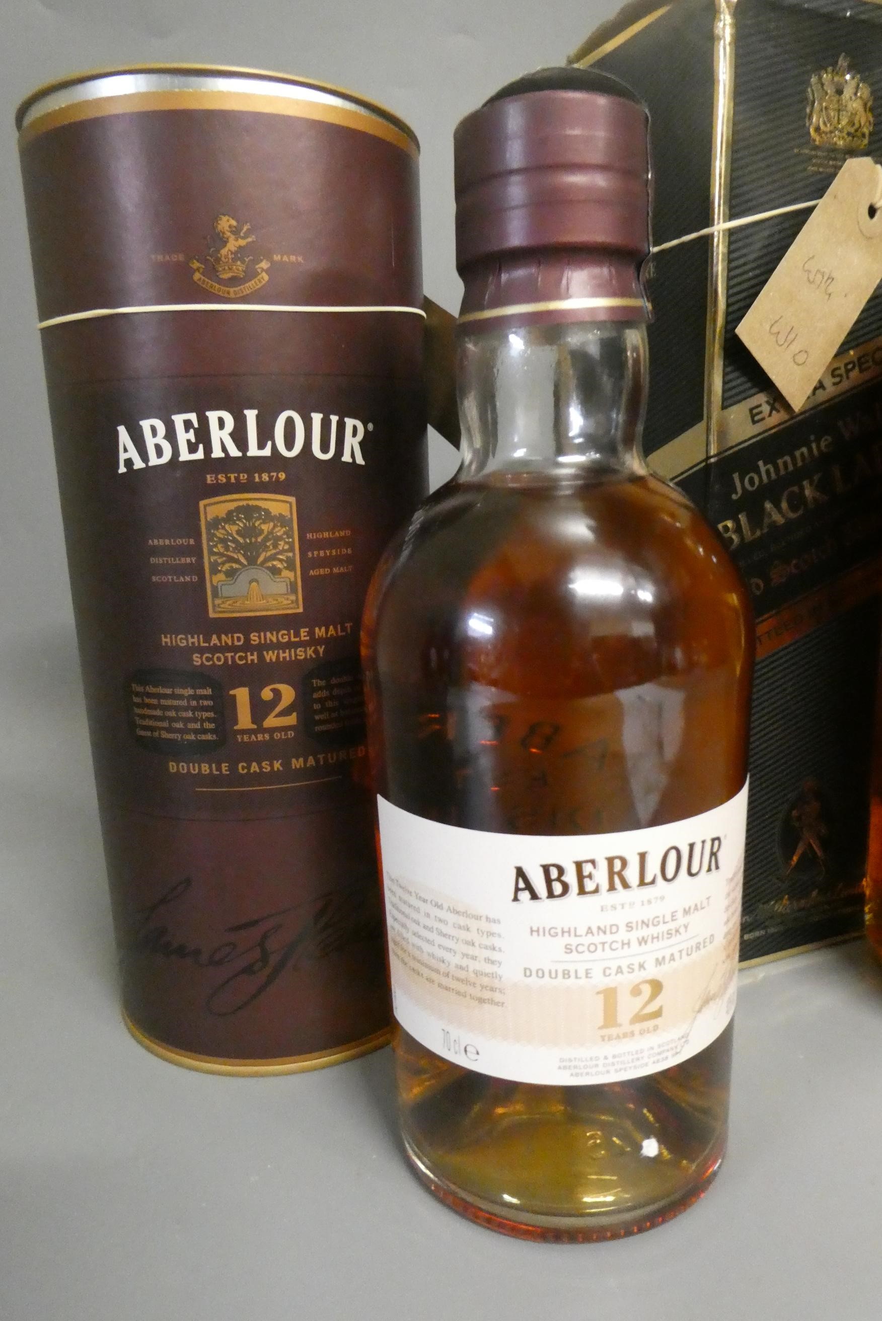 Three bottles whisky, comprising a 70cl Aberlour 12yr old double cask single malt in tube, 1litre Image
