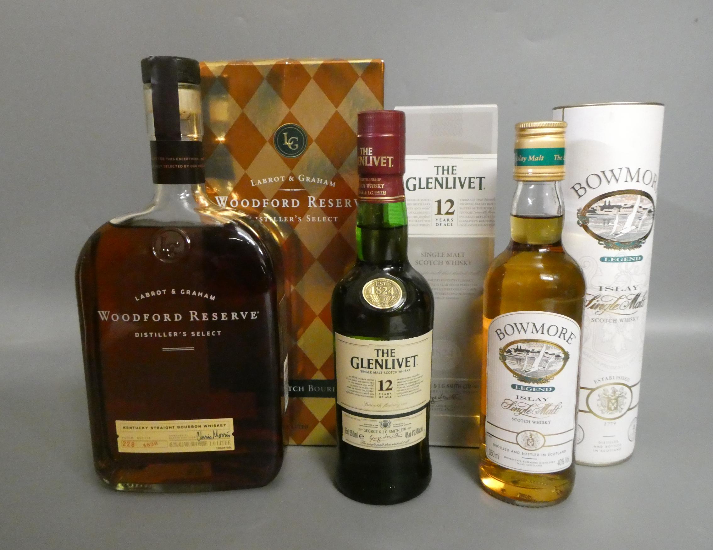 Three bottles of boxed whisky, comprising 1litre Woodford Reserve bourbon, batch 228, bottle 4836, a Image