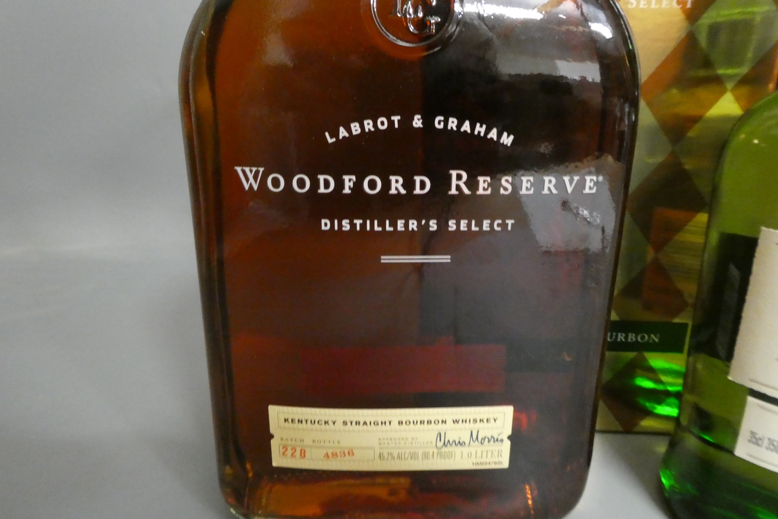 Three bottles of boxed whisky, comprising 1litre Woodford Reserve bourbon, batch 228, bottle 4836, a Image
