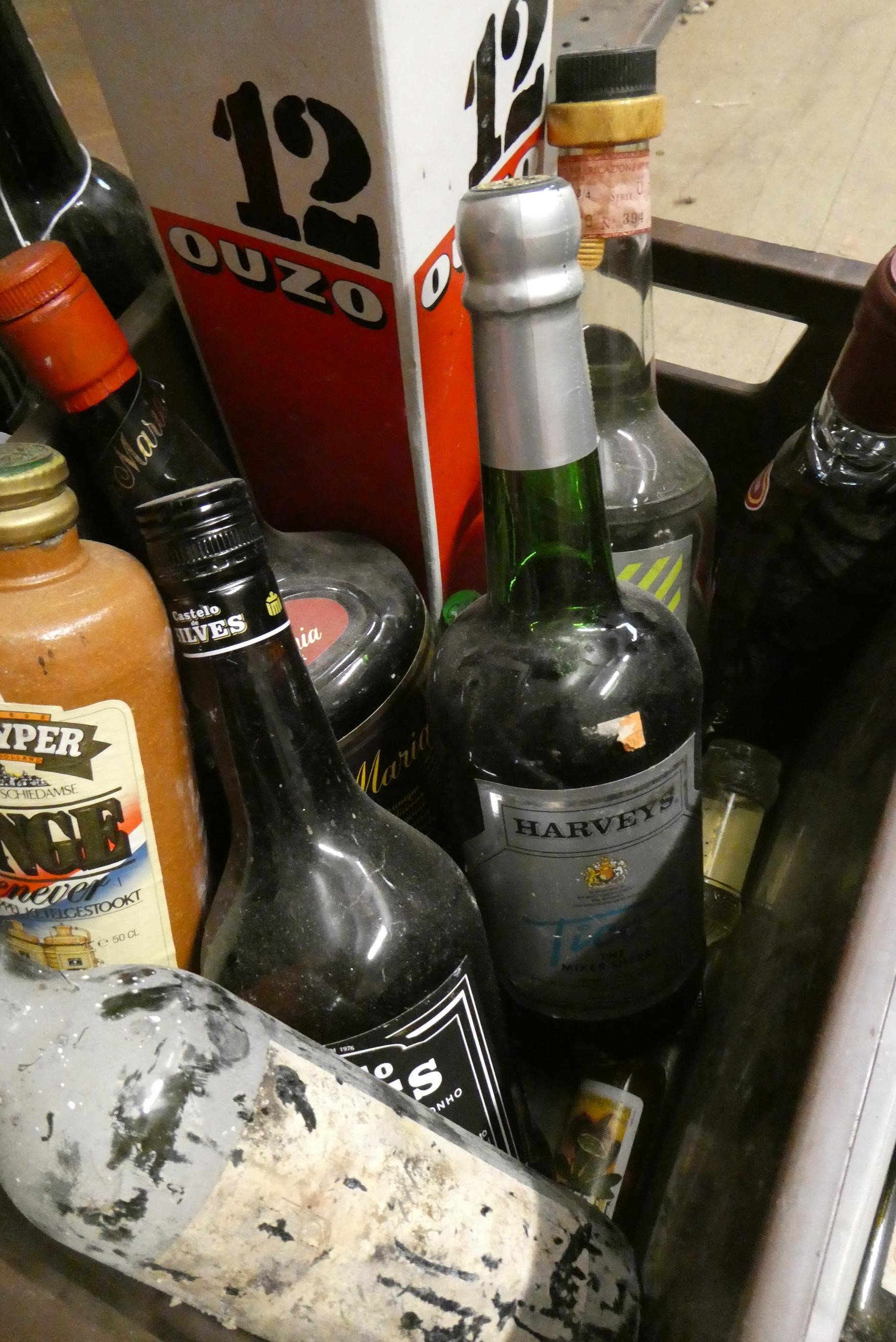 Two boxes of mixed alcohol and spirits, including Tia Maria, Harveys Tico Sherry, Sonnema vodka and Image