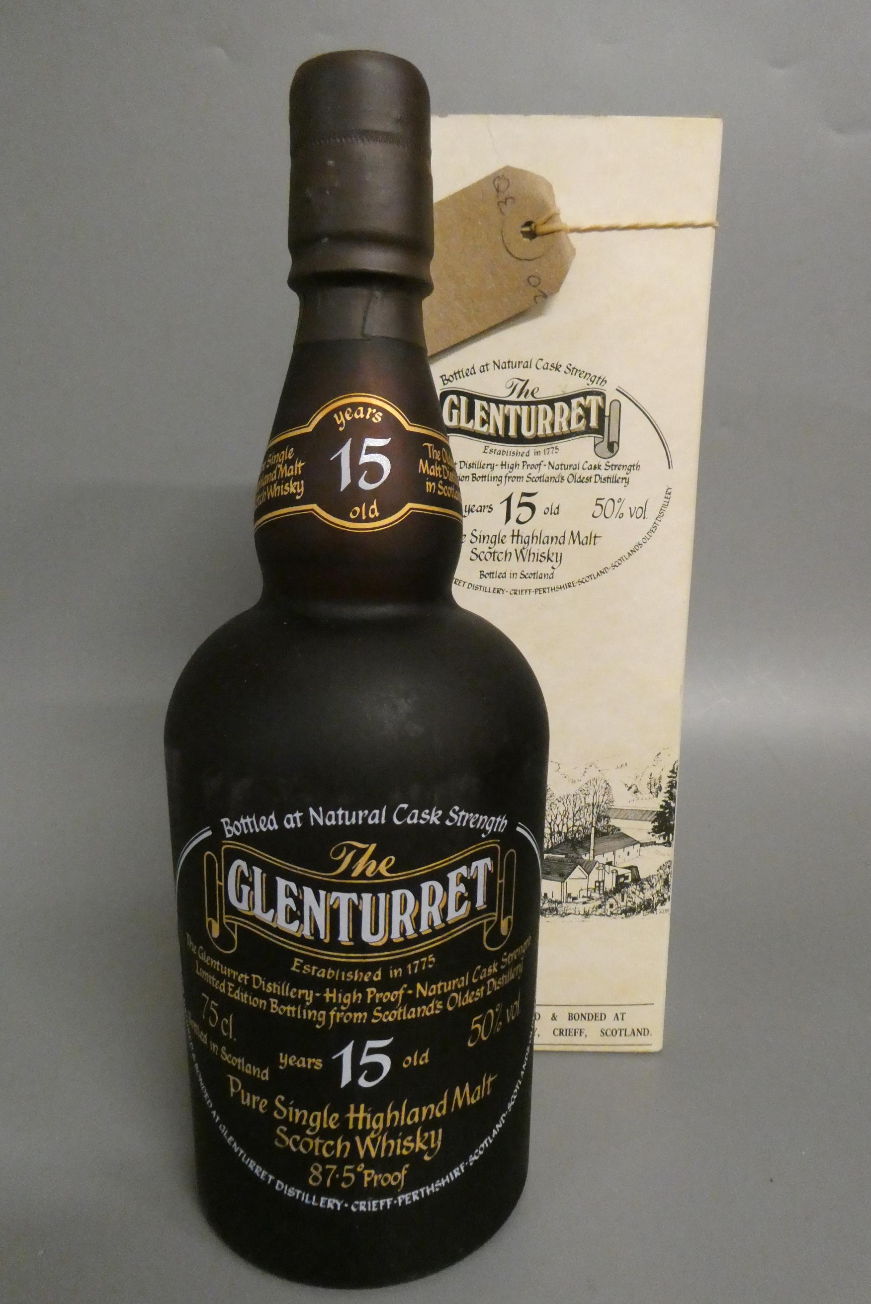 1 bottle Glenturret 15 year old pure single Highland malt whisky, 50% vol., 87.5% proof, boxed (Est. Image