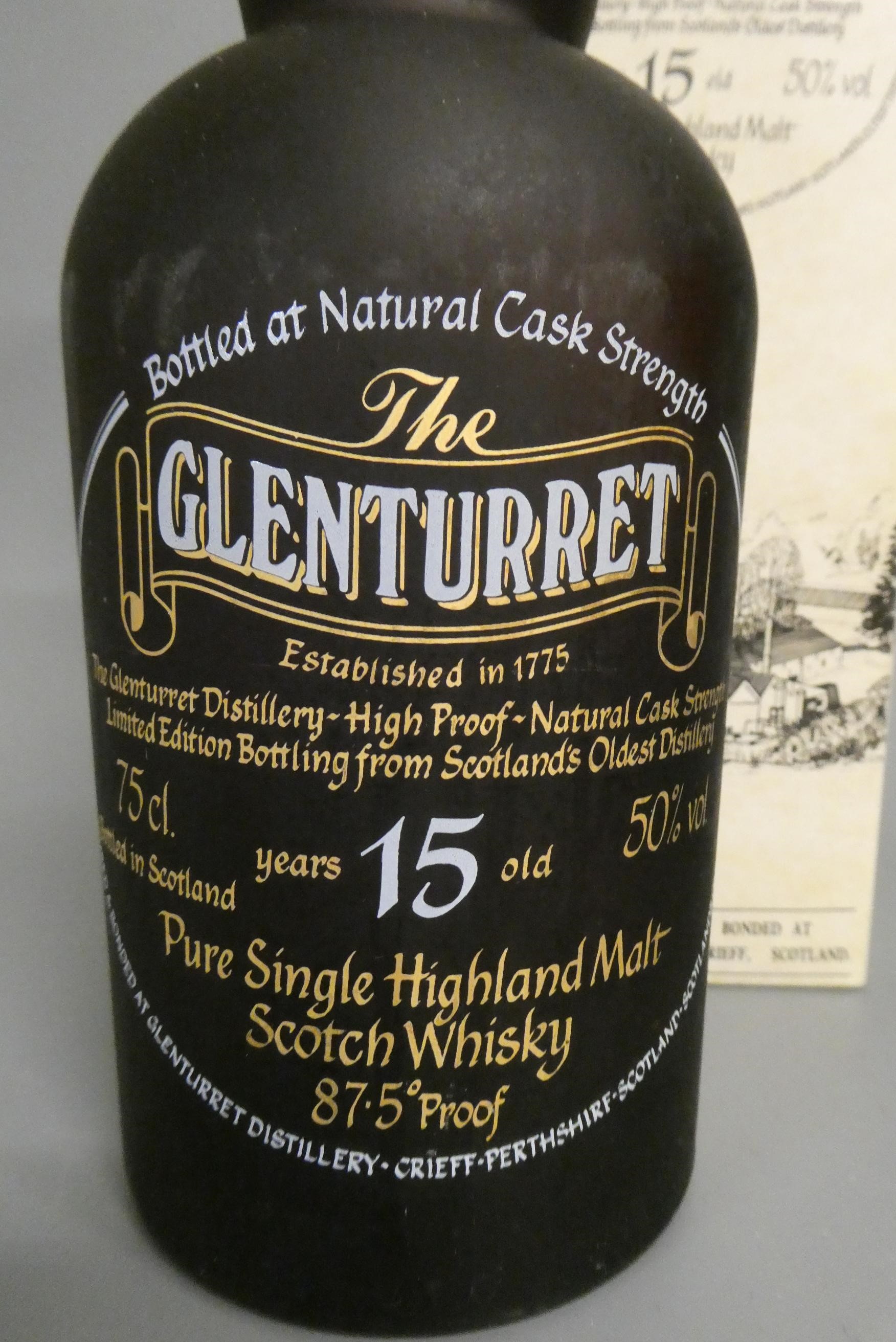 1 bottle Glenturret 15 year old pure single Highland malt whisky, 50% vol., 87.5% proof, boxed (Est. Image