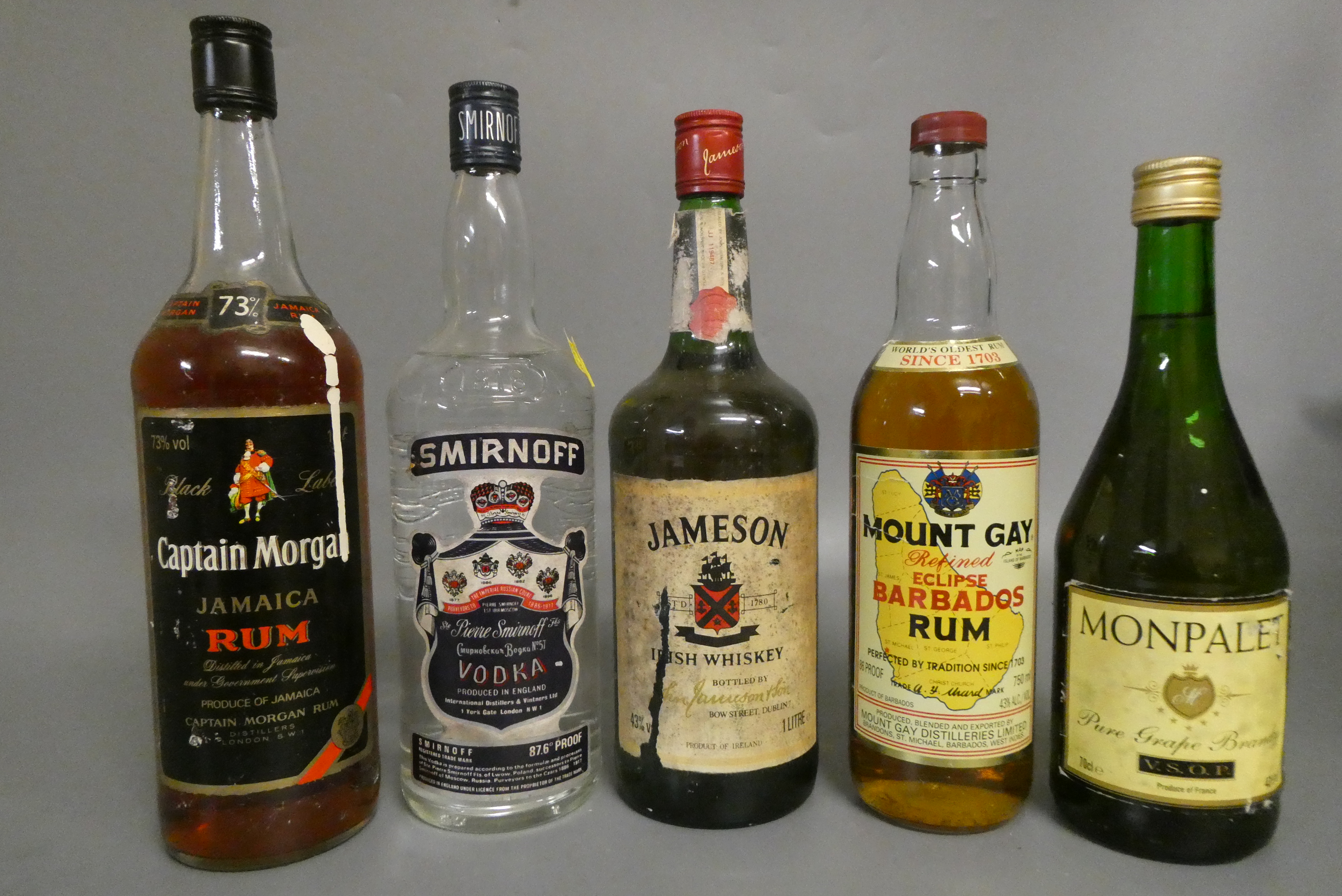 5 bottles of spirits, comprising 1 litre Jameson Irish whiskey, 1 bottle Mount Gay rum, 1 litre Image