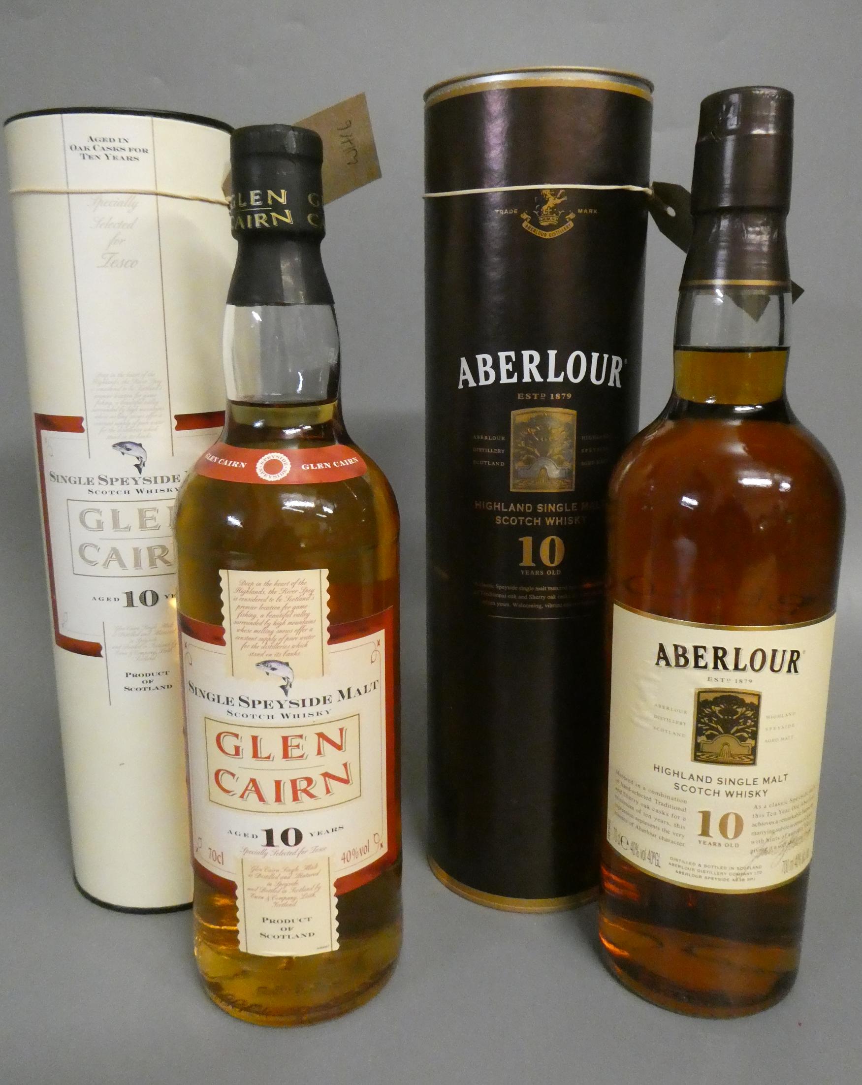 2 bottles of 10 year old single malt whisky, comprising 1 Aberlour and 1 Glen Cairn, both in tubes Image