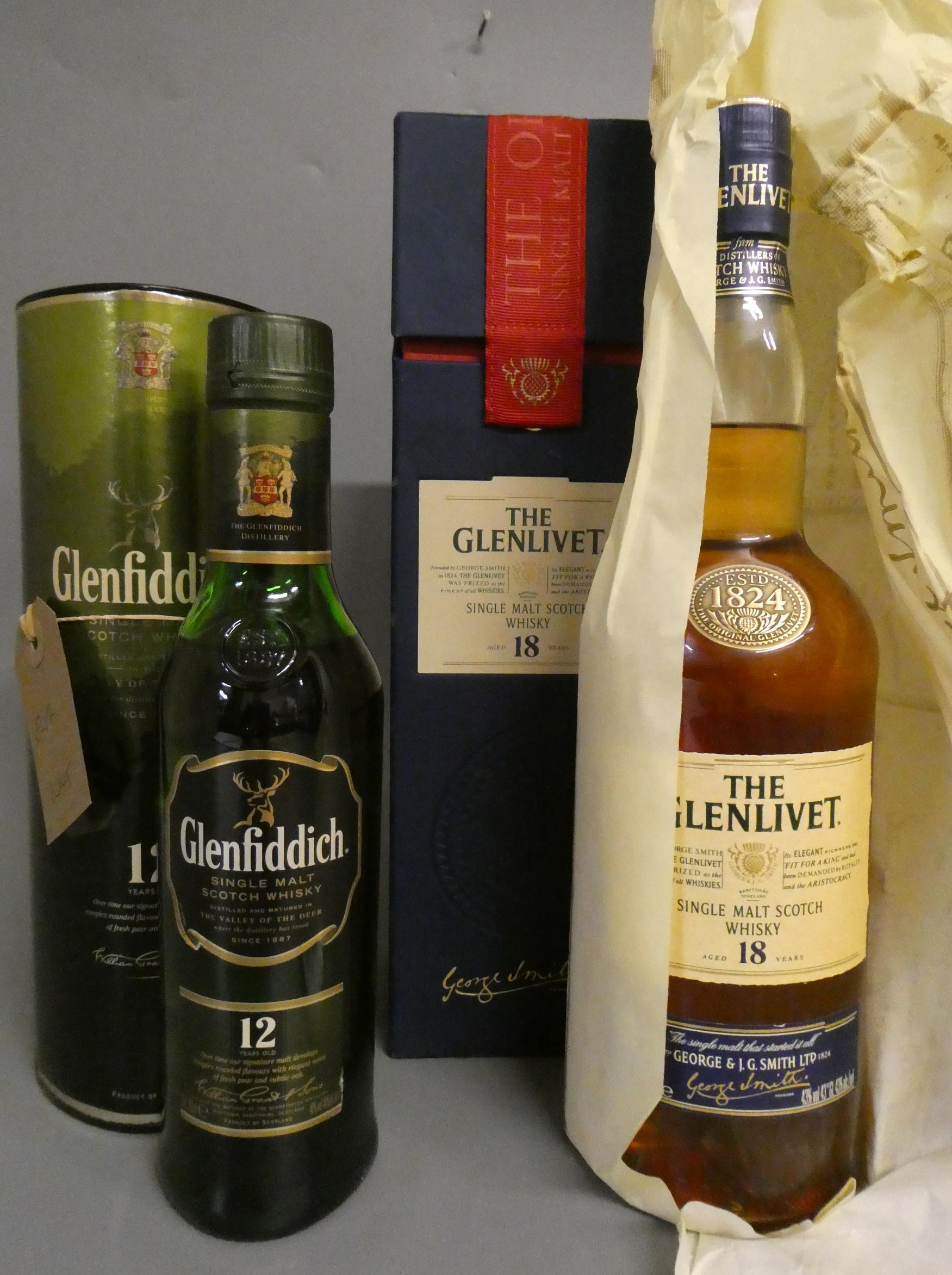 1 bottle Glenlivet 18 year old single malt whisky, boxed, together with 1 35cl Glenfiddich 12 year Image