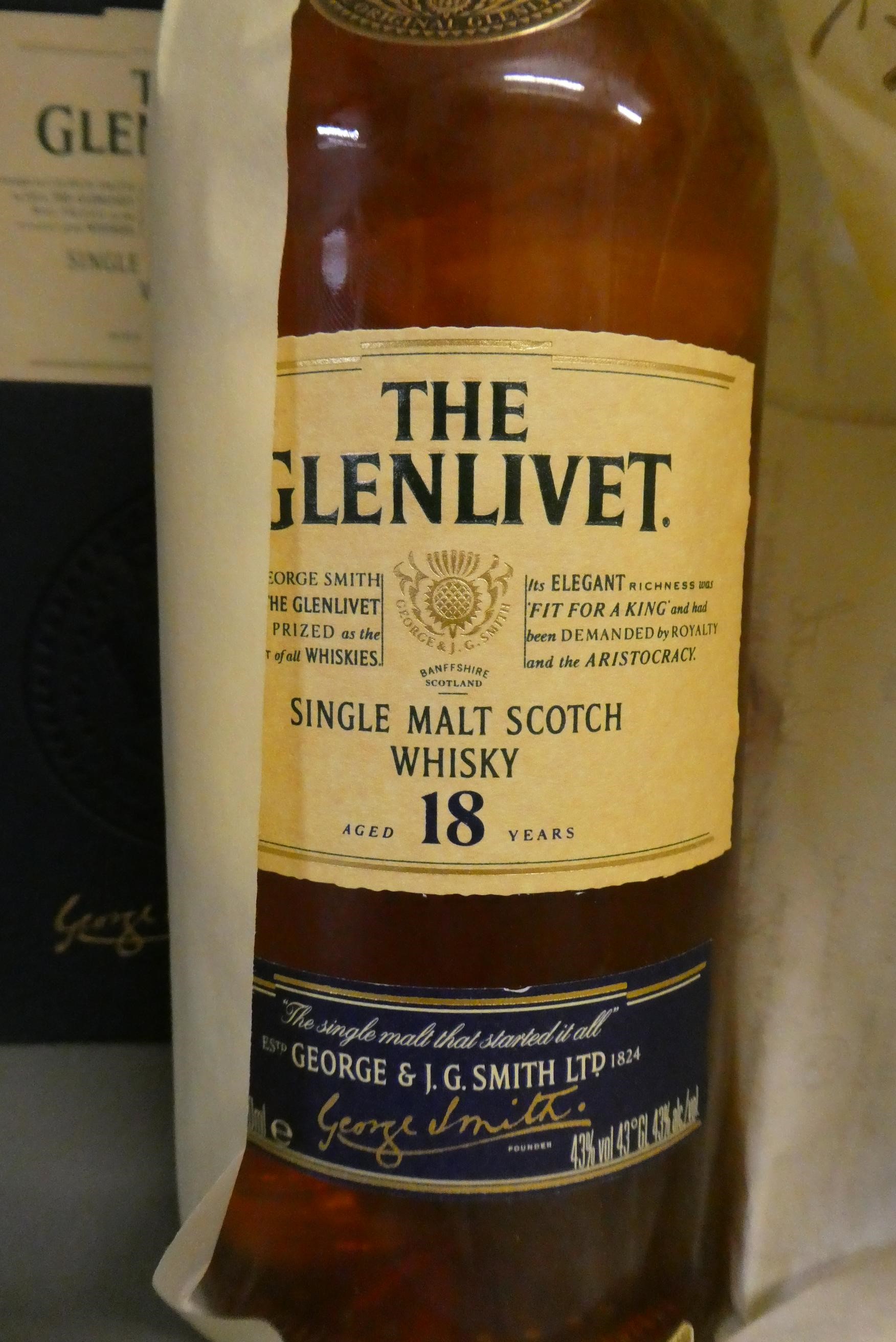 1 bottle Glenlivet 18 year old single malt whisky, boxed, together with 1 35cl Glenfiddich 12 year Image