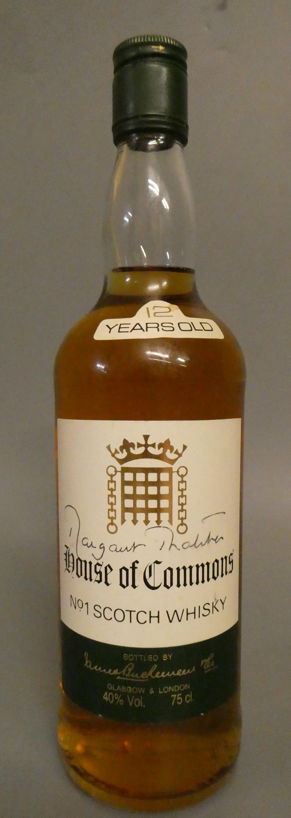 1 bottle House of Commons 12 year old no.1 Scotch whisky, signed by Margaret Thatcher, bottled by Image