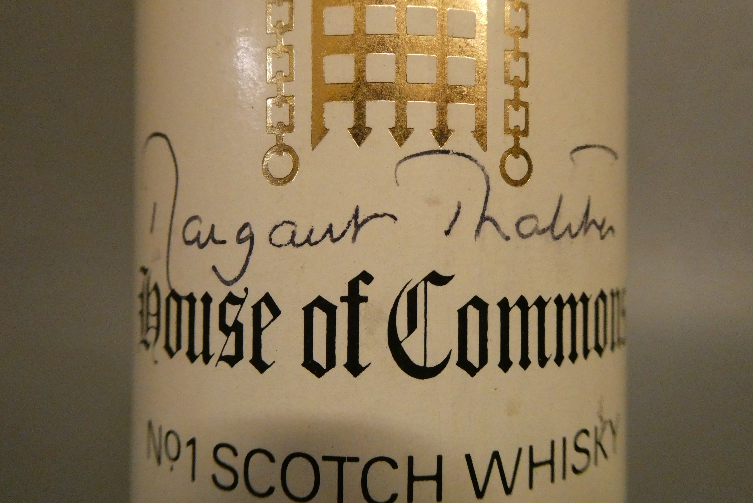 1 bottle House of Commons 12 year old no.1 Scotch whisky, signed by Margaret Thatcher, bottled by Image
