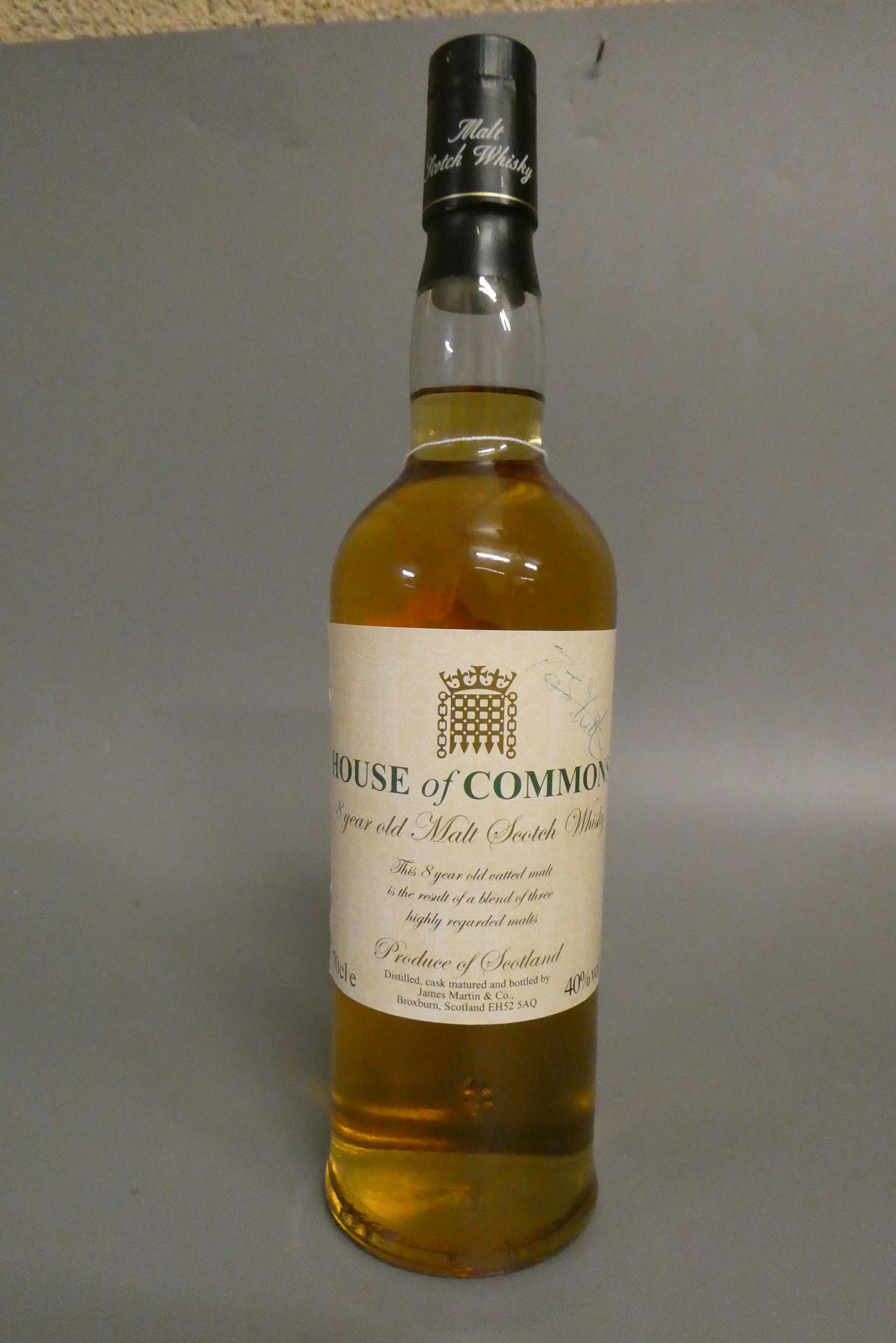 1 bottles House of Commons 8 year old malt scotch whisky, signed by an M.P. (possibly Bob Image