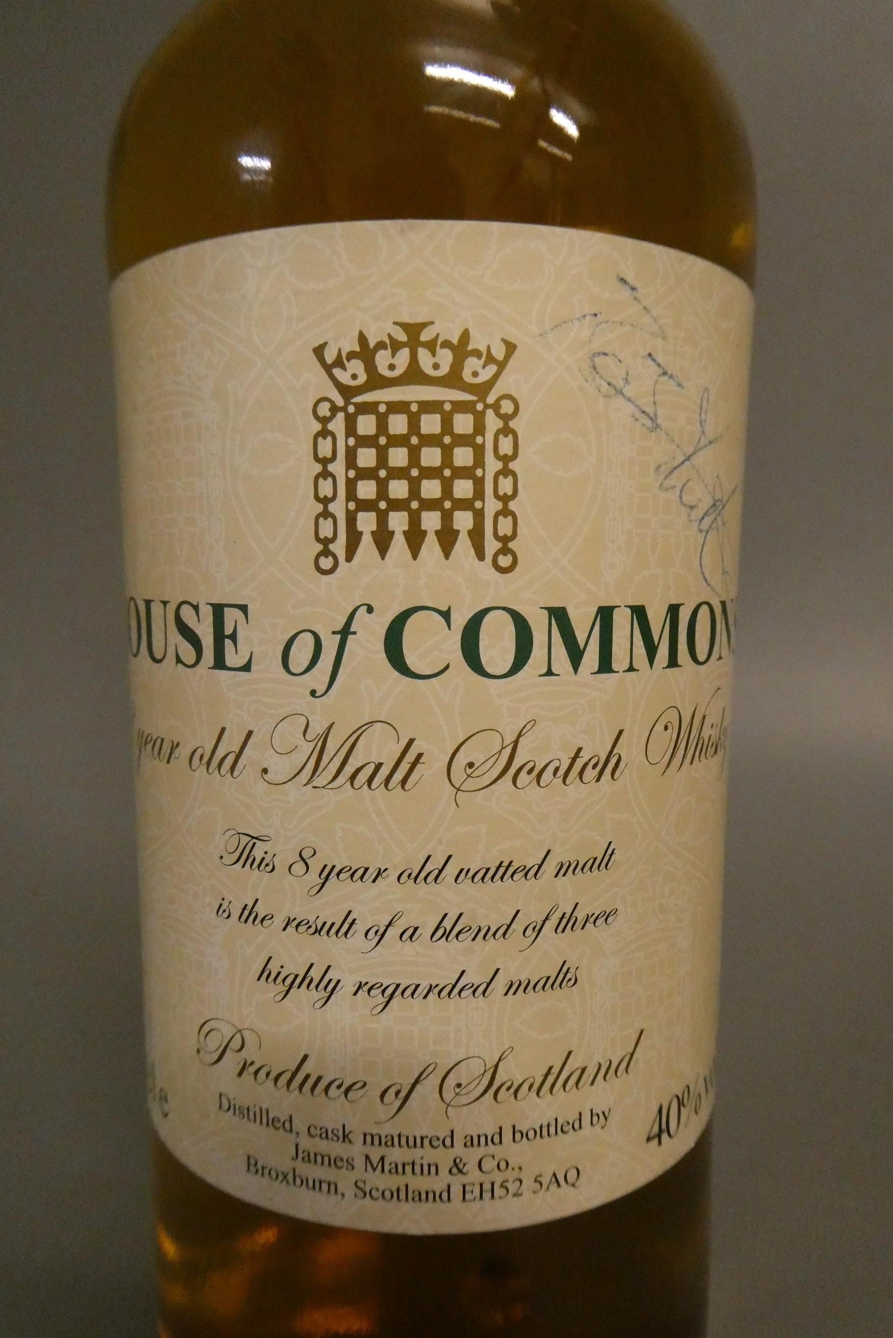 1 bottles House of Commons 8 year old malt scotch whisky, signed by an M.P. (possibly Bob Image