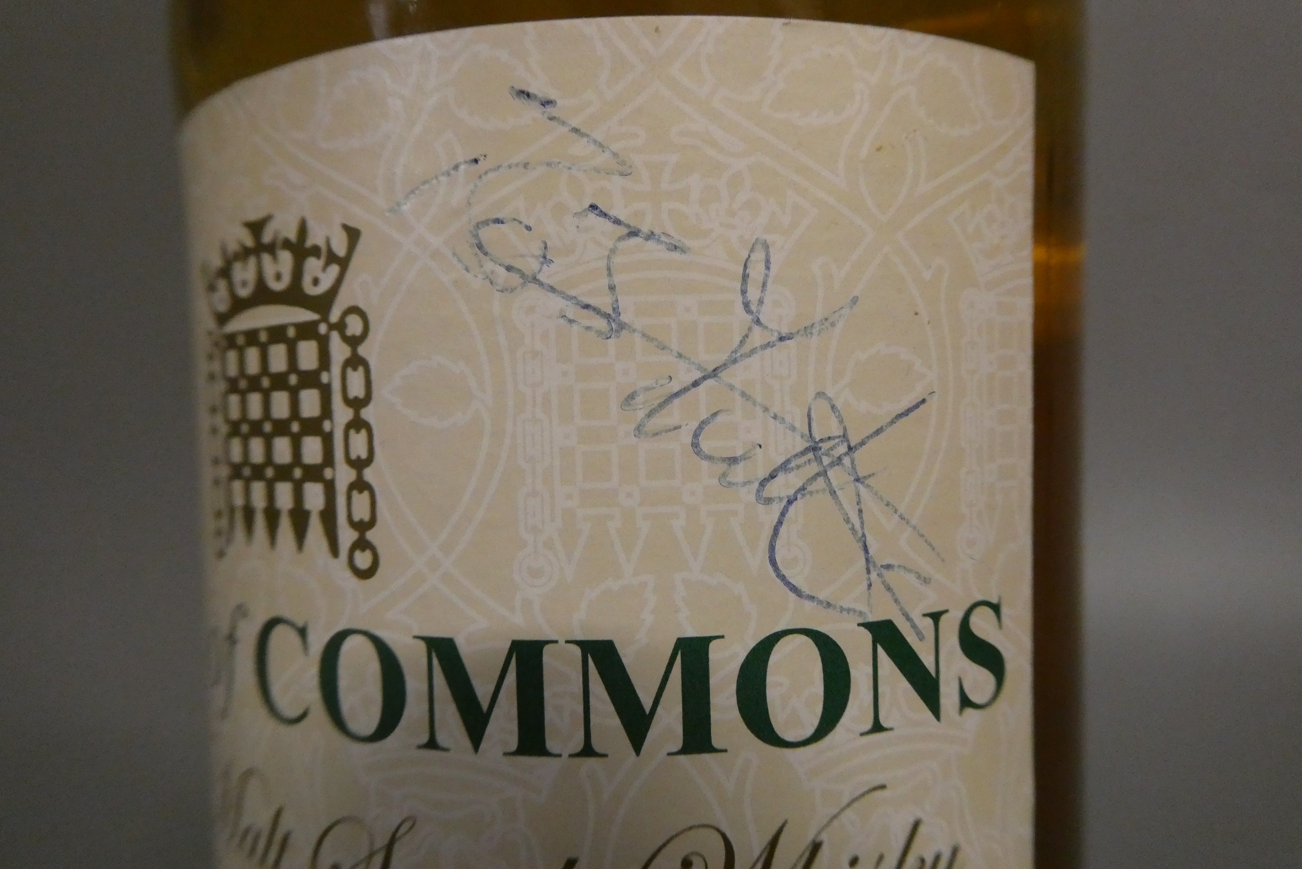 1 bottles House of Commons 8 year old malt scotch whisky, signed by an M.P. (possibly Bob Image