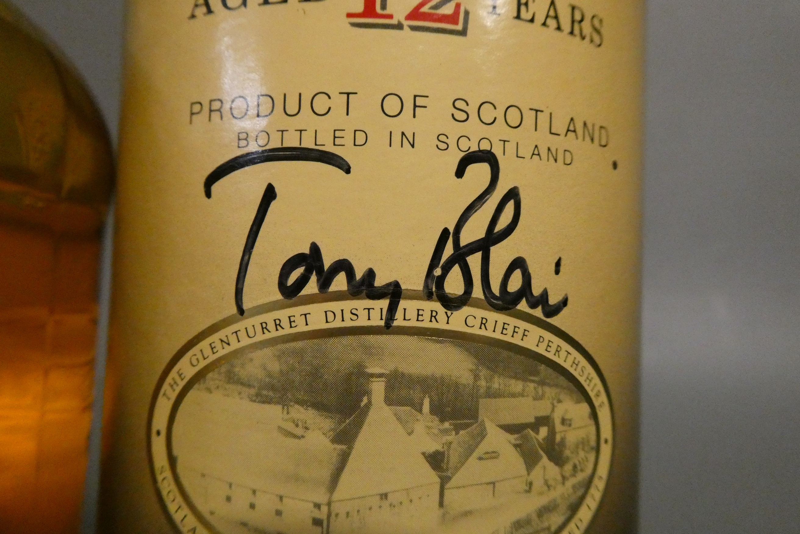 1 bottle Glenturret 12 year old single Highland malt whisky, tube signed by Gordon Brown & Tony Image