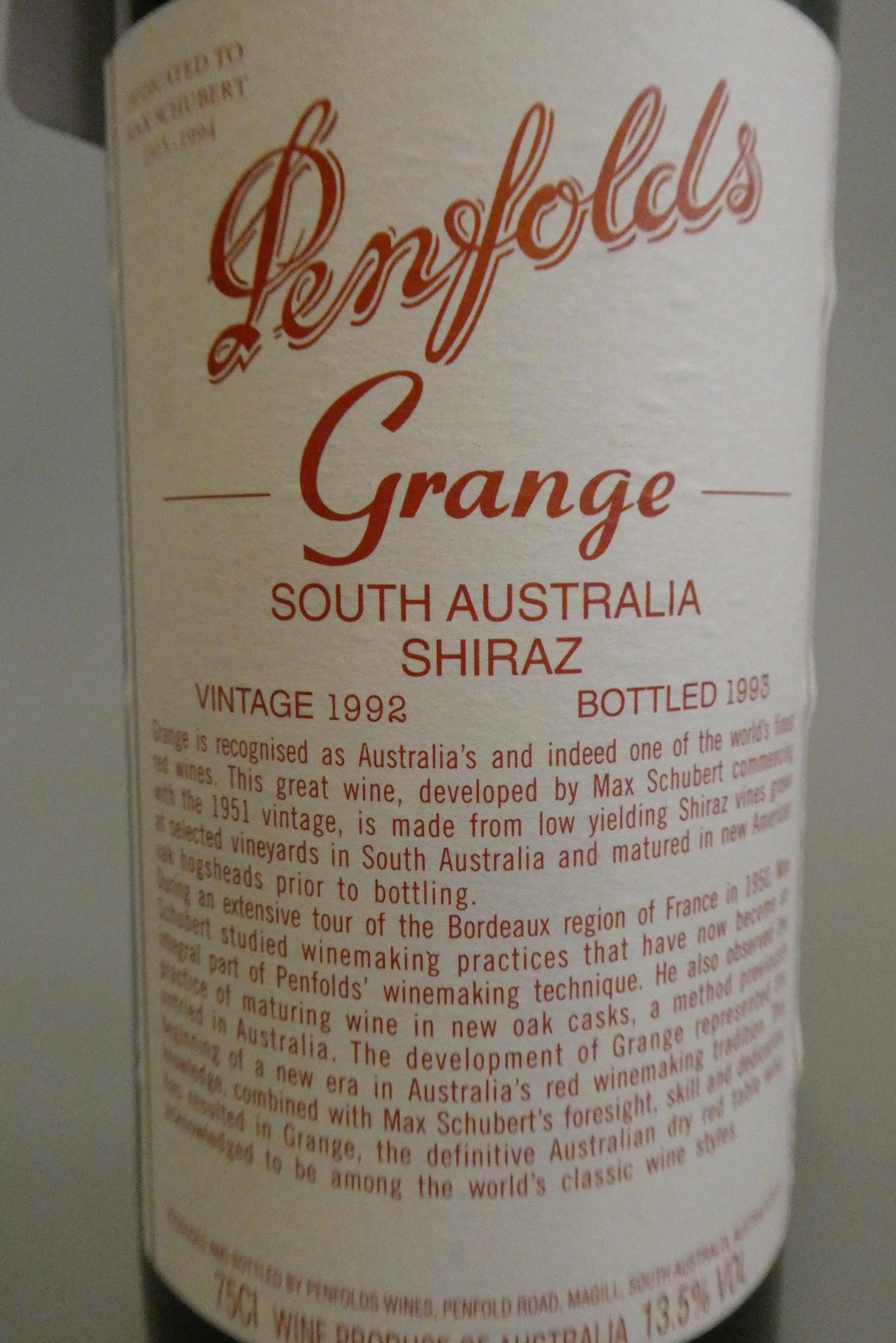 1 bottle Penfolds, 1992, Grange, South Australia Shiraz, bottled 1993 (Est. plus 24% premium inc. Image