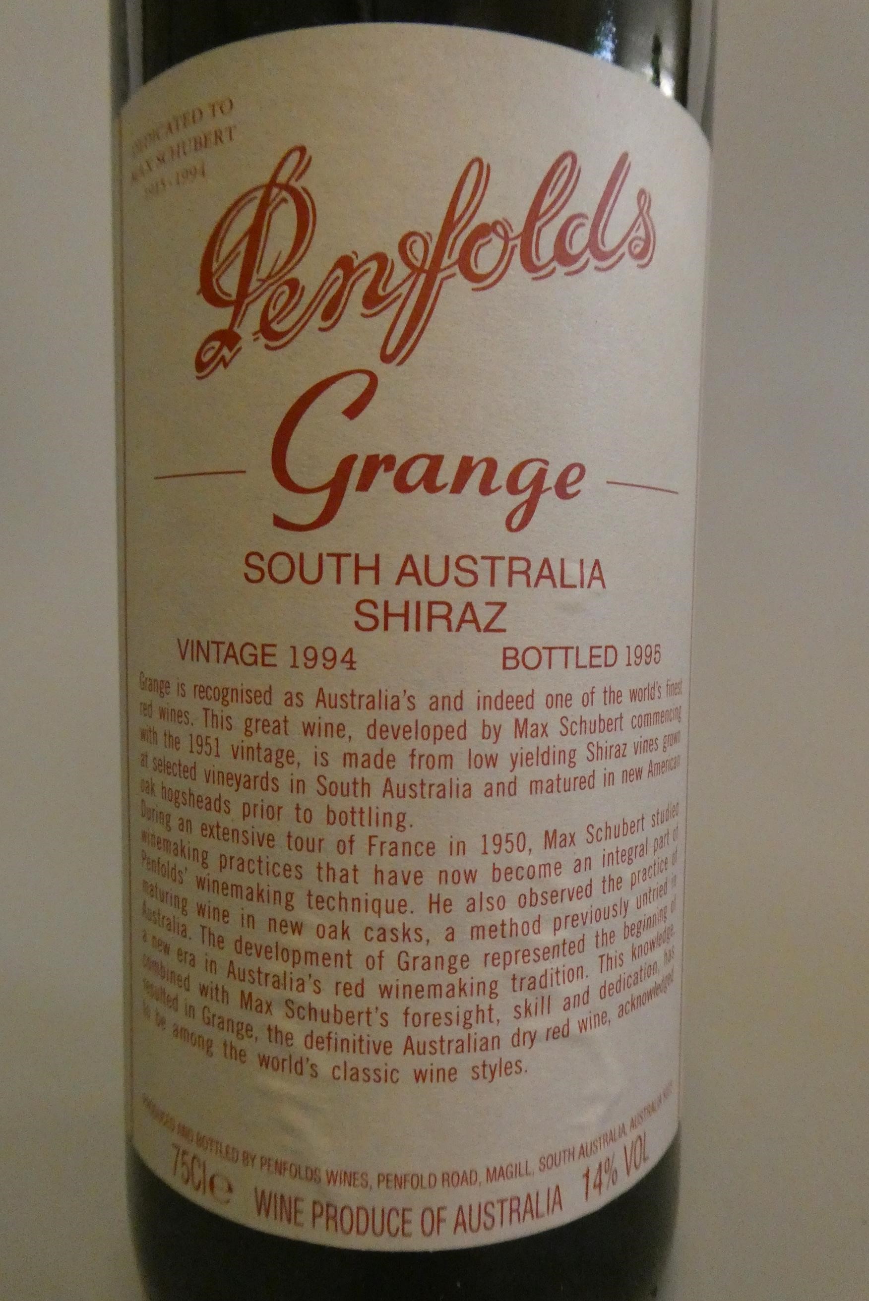 1 bottle Penfolds, 1994, Grange, South Australia Shiraz, bottled 1995 (Est. plus 24% premium inc. Image