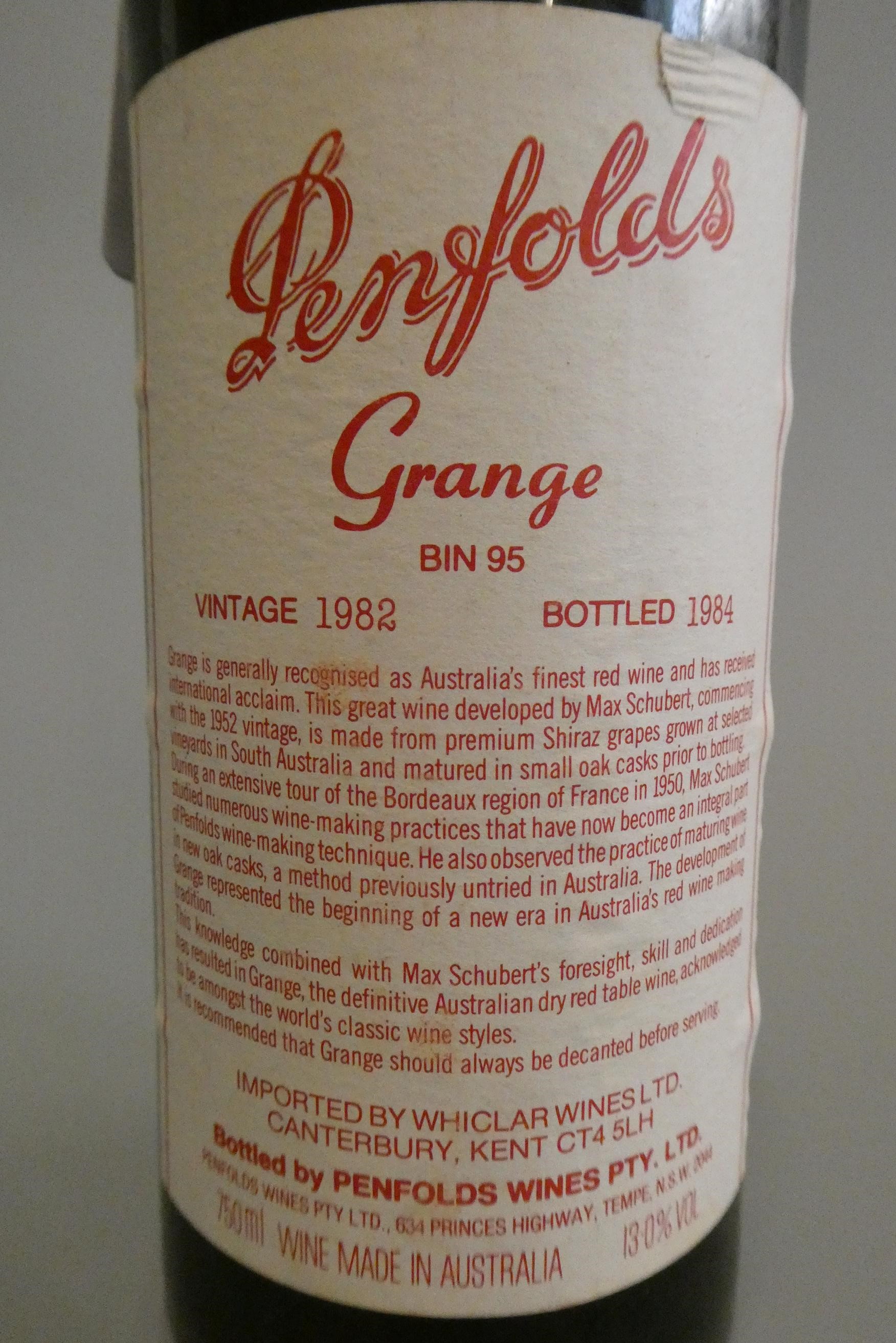 1 bottle Penfolds bin 95, 1982, Grange, shiraz, bottled 1984 (Est. plus 24% premium inc. VAT) Image