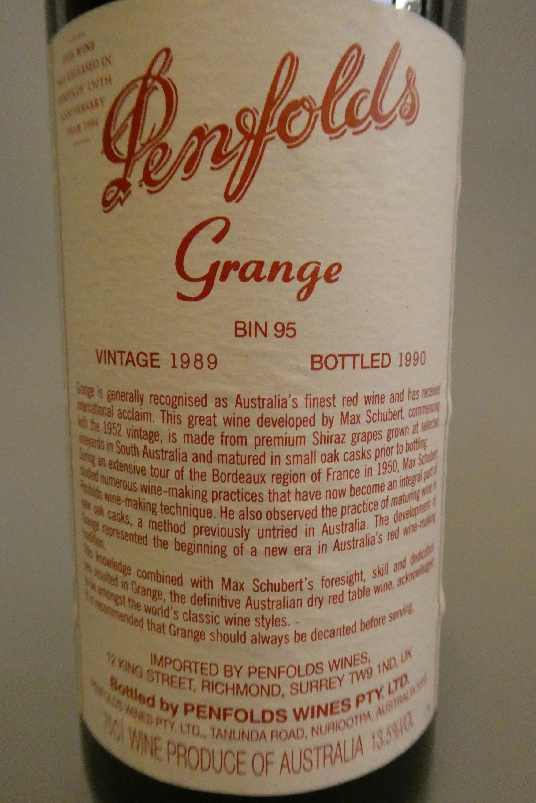 1 bottle Penfolds bin 95, 1989, Grange, shiraz, bottled 1990 (Est. plus 24% premium inc. VAT) Image