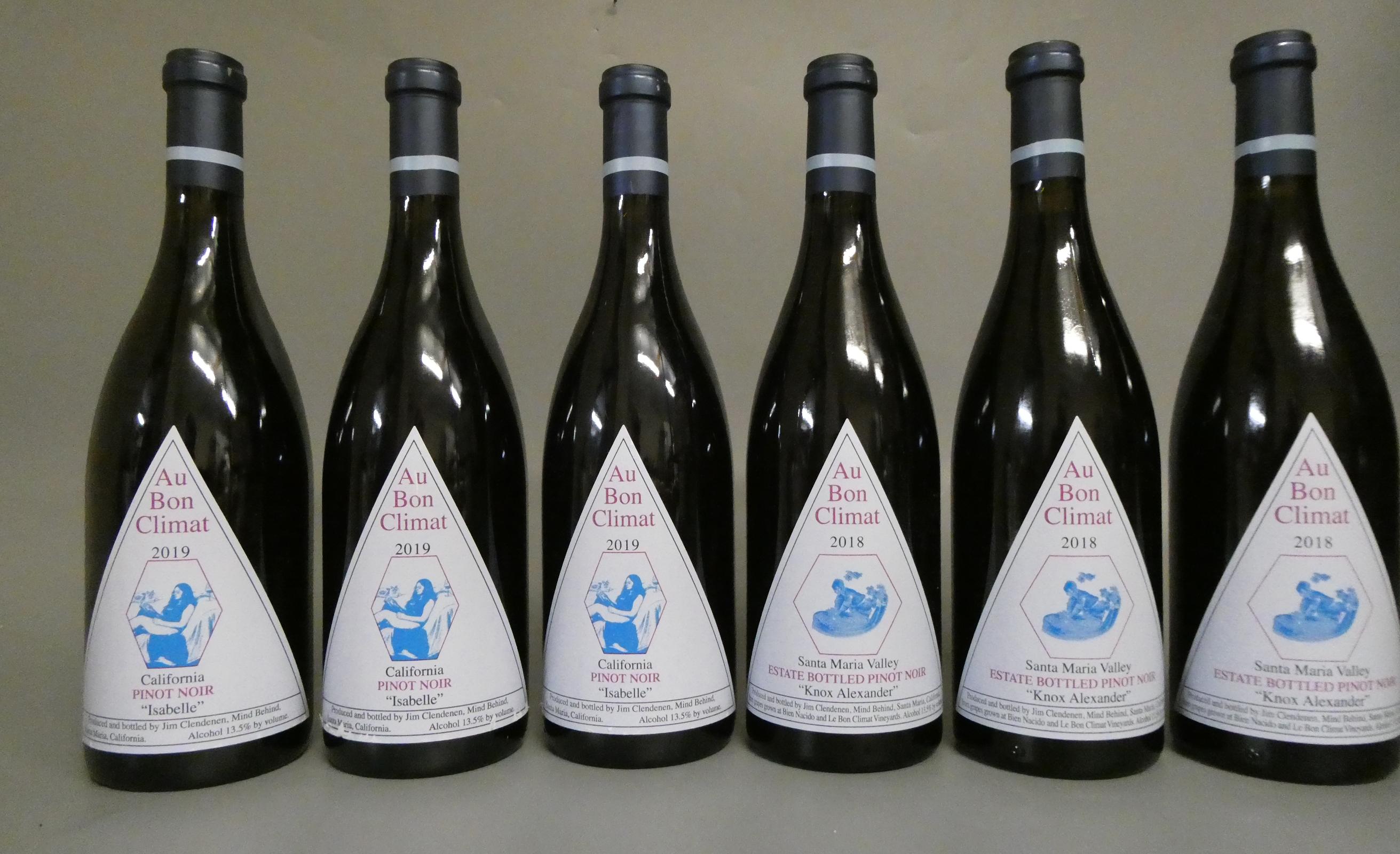 6 bottles Au Bon Climat pinot noir, comprising 3 2019 "Isabelle", and 3 2018 "Knox Alexander" (Est. Image