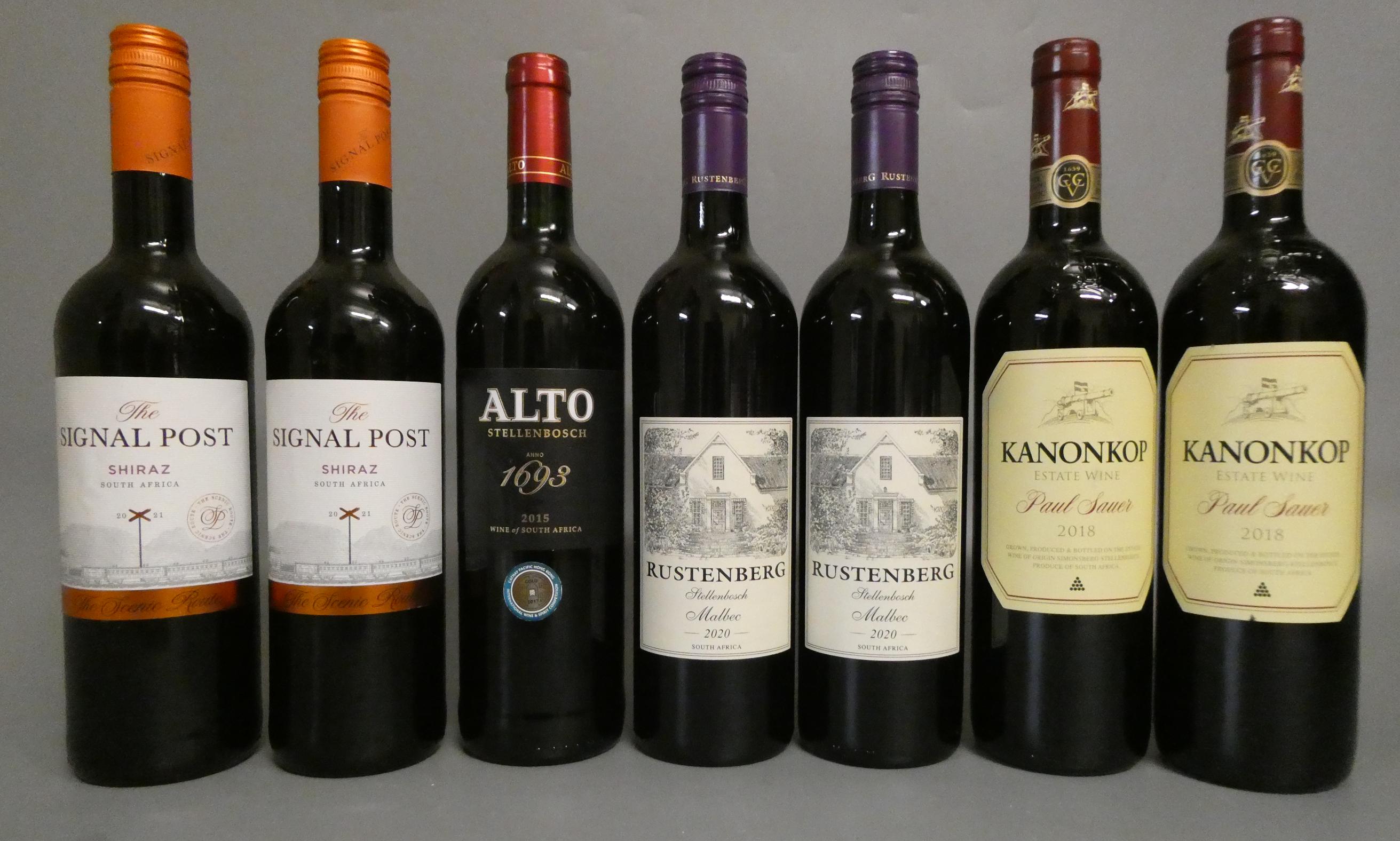 7 bottles of South African red wine, comprising 2 2010 Rustenberg Malbec, 2 2018 Kanonkop Paul Image