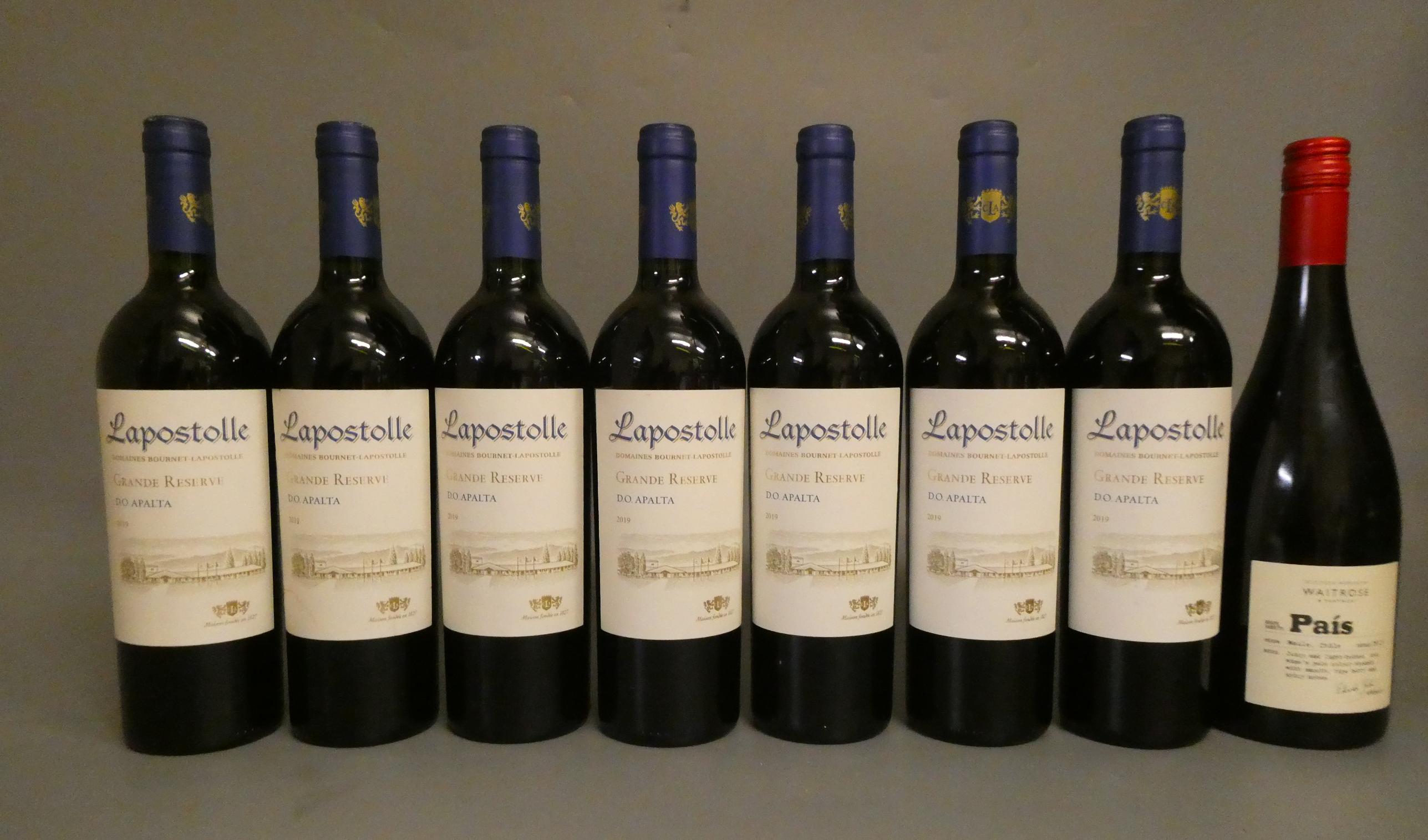 8 bottles of Chilean red wine, comprising 7 Lapostolle, 2019, Domaines Bournet-Lapostolle, and 1 Image