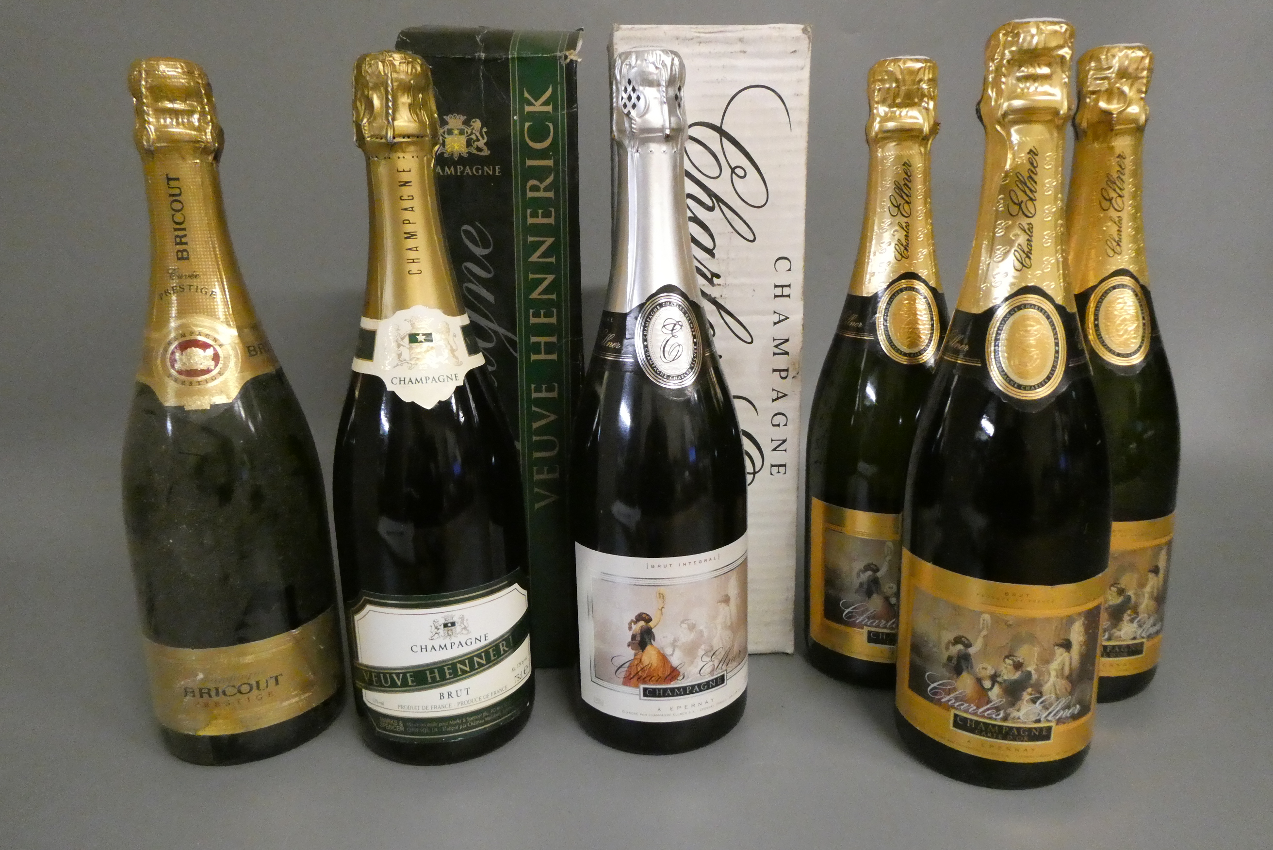 6 bottles of champagne, comprising 4 bottles Charles Ellner, 1 bottle Veuve Hennerick and 1 Bricout Image