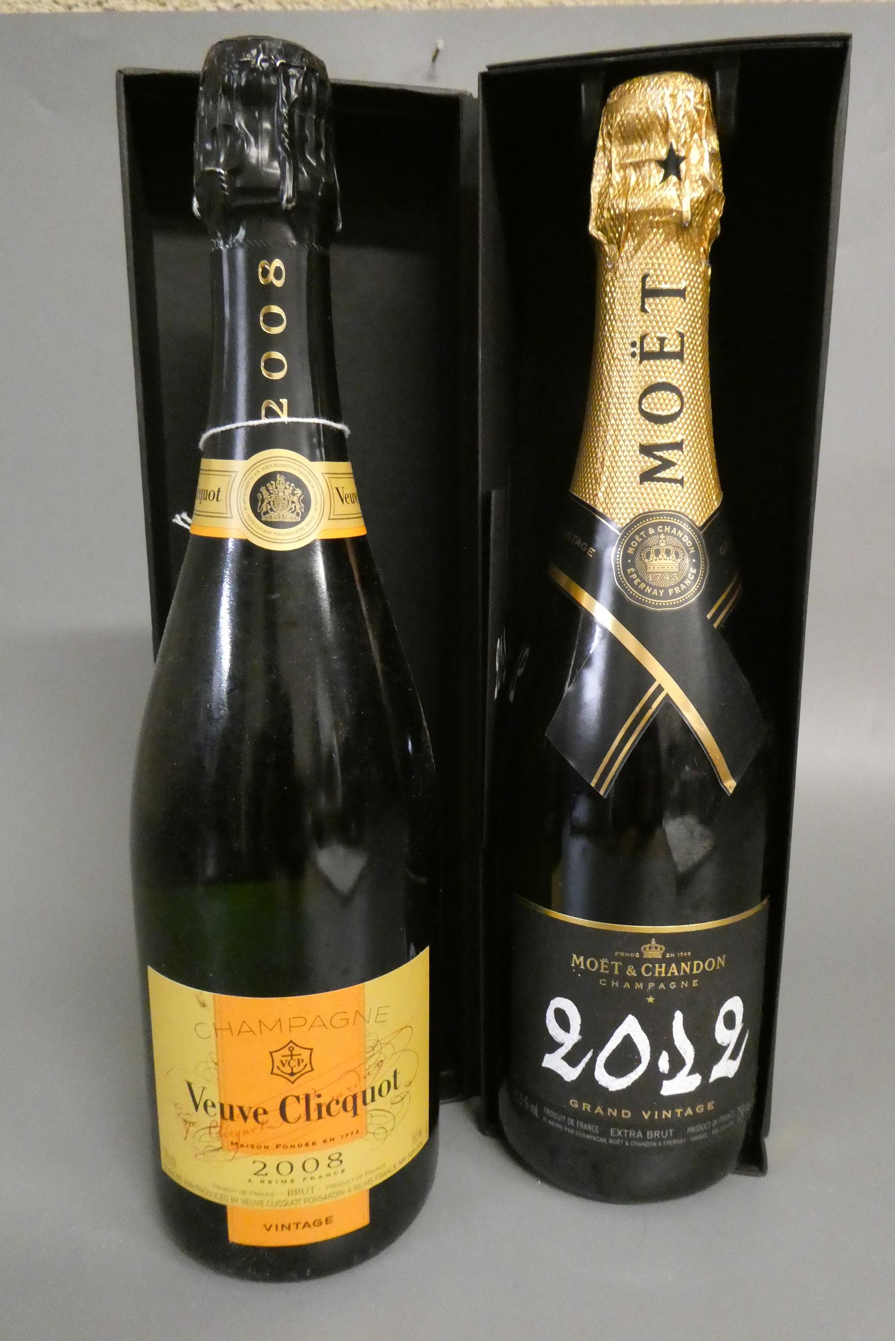 2 bottles of vintage champagne, comprising 1 2012 Moet & Chandon grand vintage and 1 2008 Veuve Image
