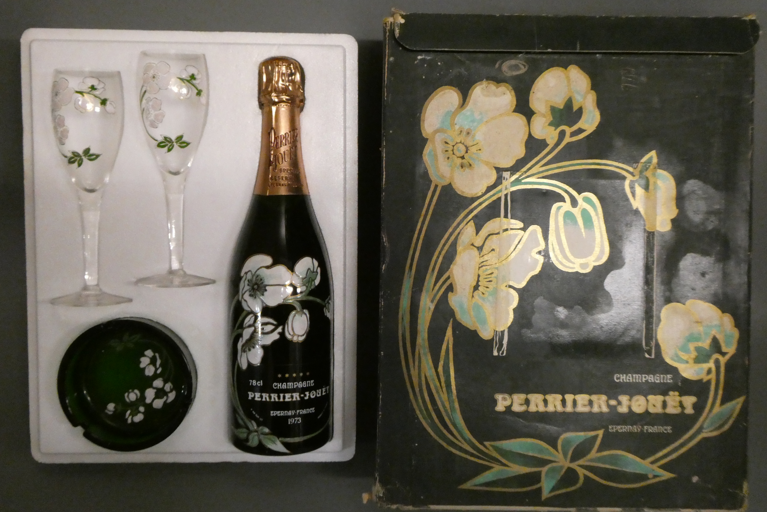 1 bottle Perrier-Jouet, 1973, Champagne, in gift set box with painted glasses & ash tray (Est. plus Image