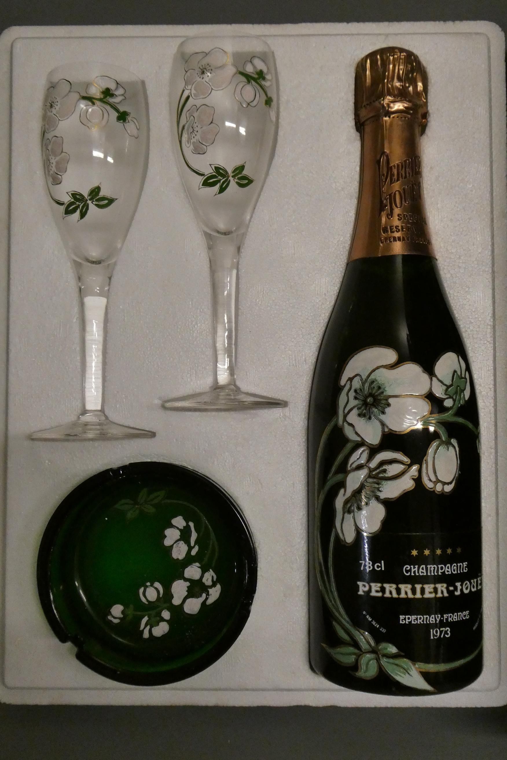 1 bottle Perrier-Jouet, 1973, Champagne, in gift set box with painted glasses & ash tray (Est. plus Image