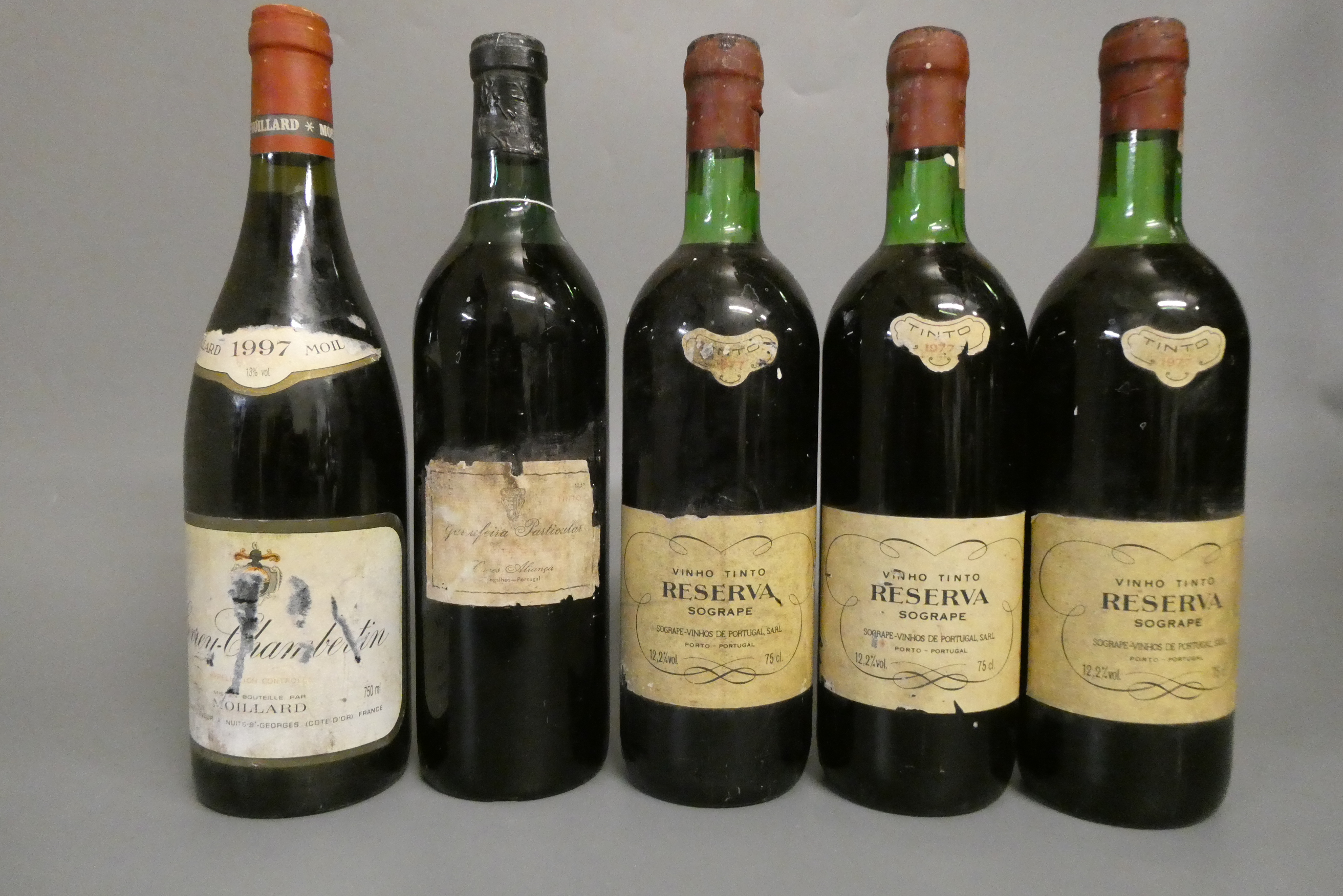 5 bottles of red, comprising 1 Gevrey-Chambertin, 1997, moillard, 1 Garrfeira Particular, 1963, Image