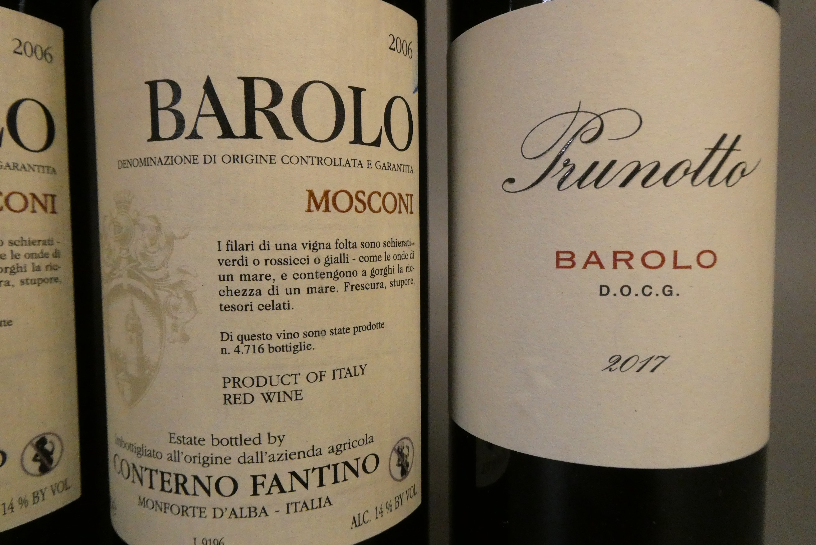 4 bottles Barolo, comprising 1 2017 Prunotto, 2 2006 Mosconi, Conterno Fantino, and 1 2012 Vigna Image