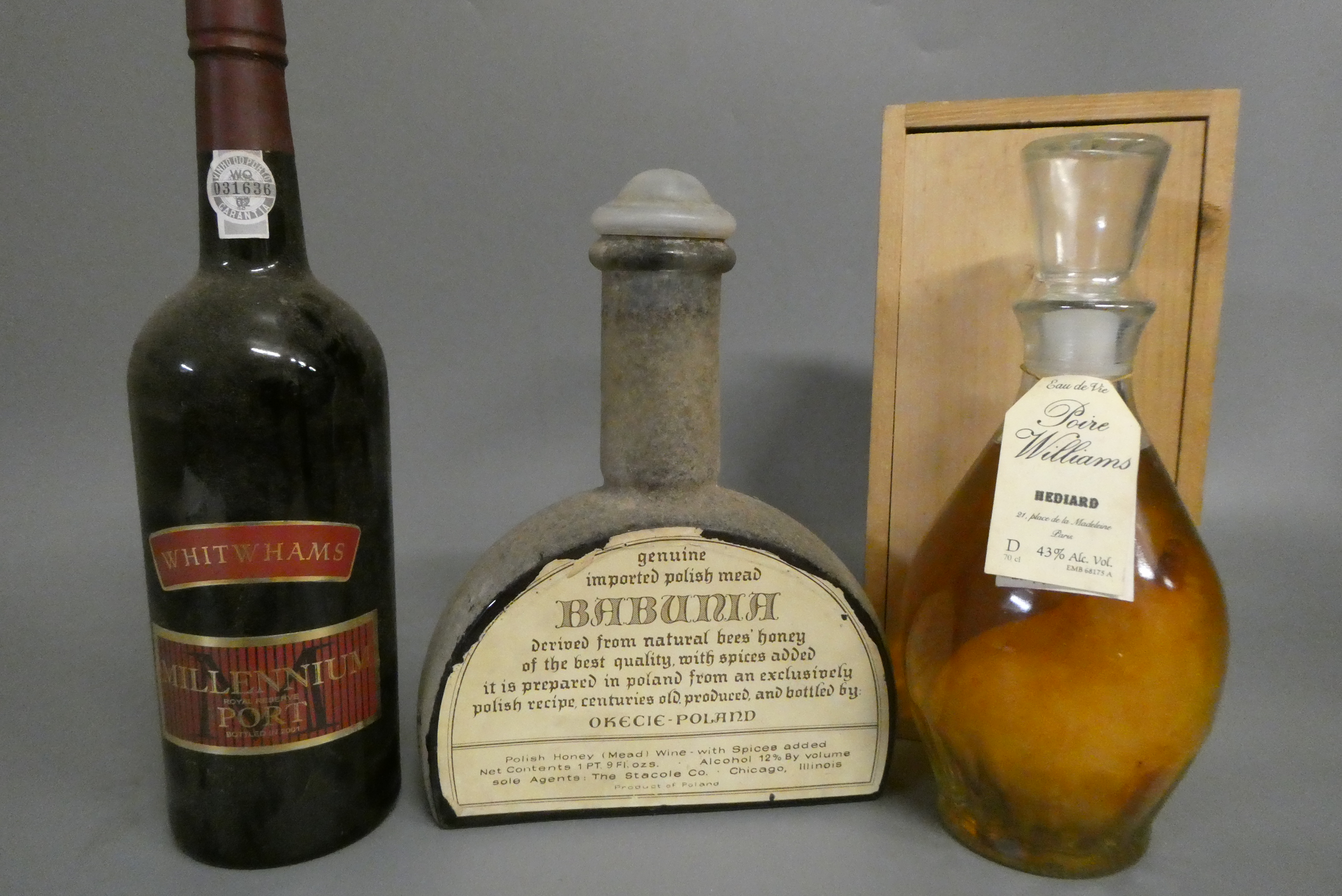 3 bottles comprising 1 Whitwhams Millenium Port, 1 Poire Williams Hediard, & 1 Babunia Polish mead Image