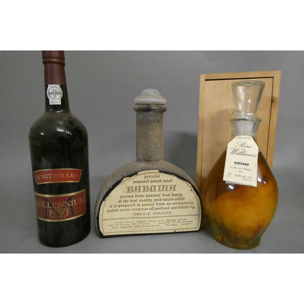 3 bottles comprising 1 Whitwhams Millenium Port, 1 Poire Williams Hediard, & 1 Babunia Polish mead Image