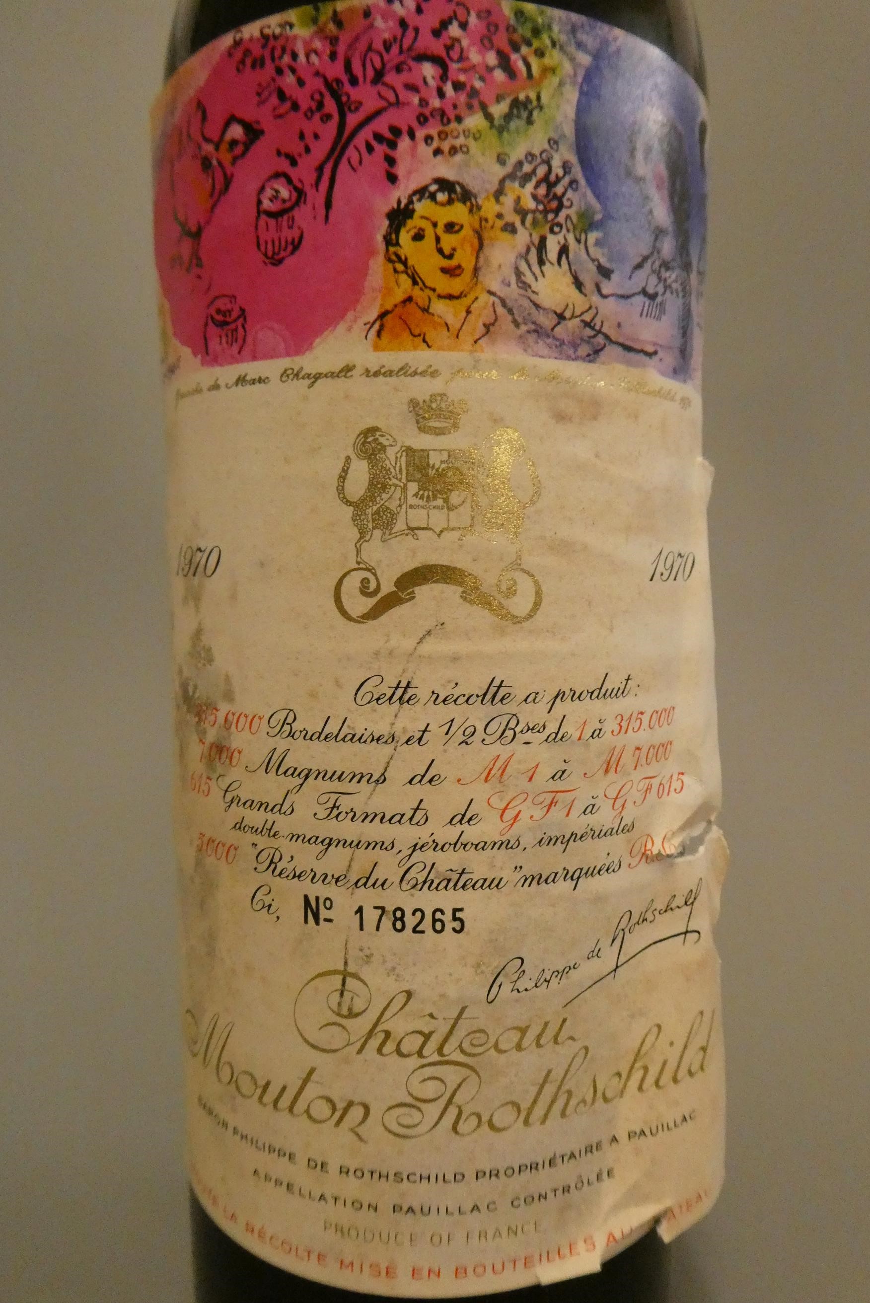 1 bottle Chateau Mouton Rothschild, 1970, Reserve du Chateau Marquees (Est. plus 24% premium inc. Image