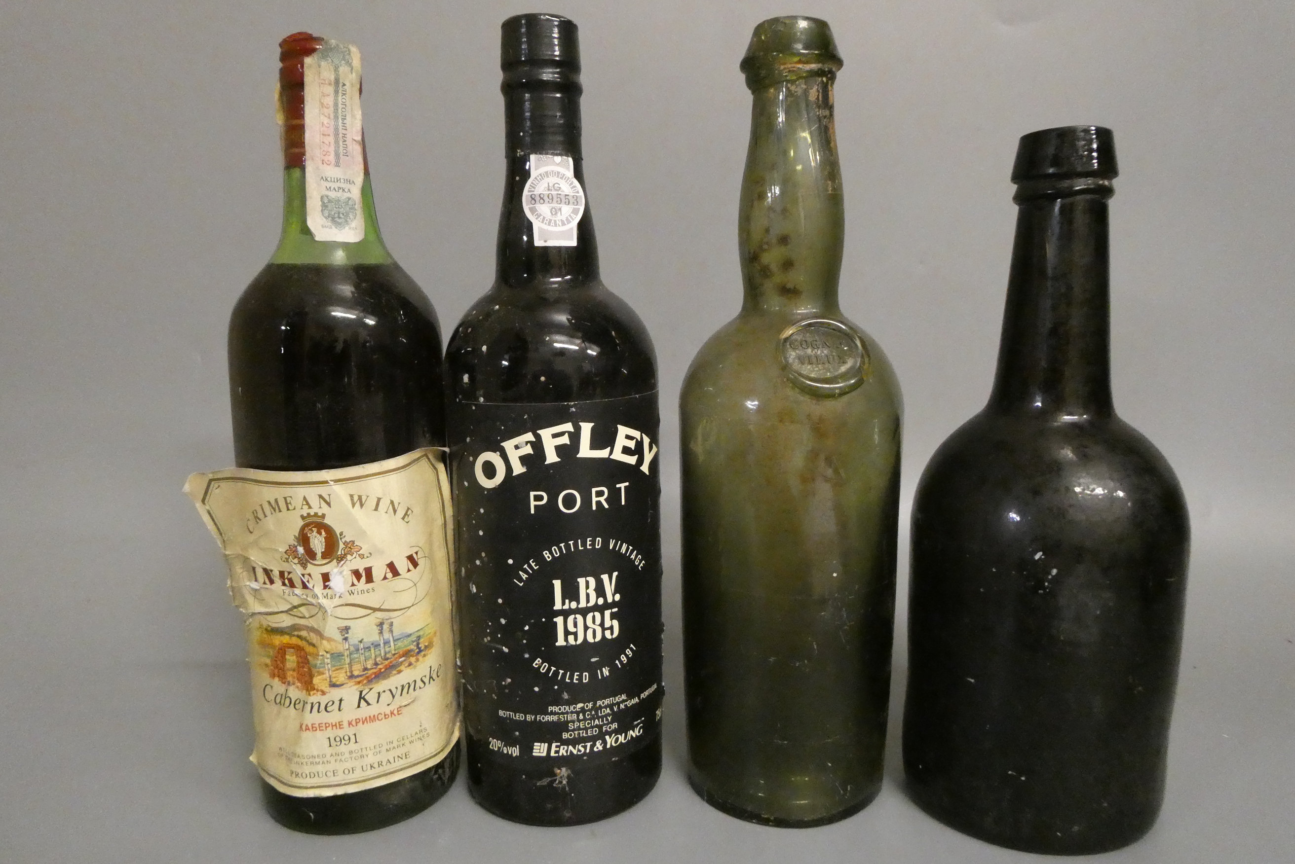 1 bottle Offley LBV 1985 port, 1 bottle 1991 Inkerman Cabernet Krymske, 1 antique cognac bottle, Image