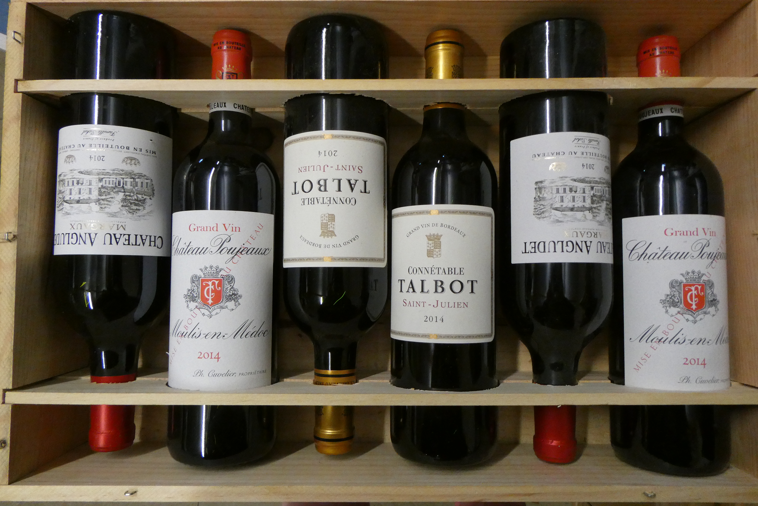 6 bottles 2014 vintage bordeaux, comprising 2 Ch. Angludet Margaux, 2 Ch. Poujeaux Moulis en Medoc, Image