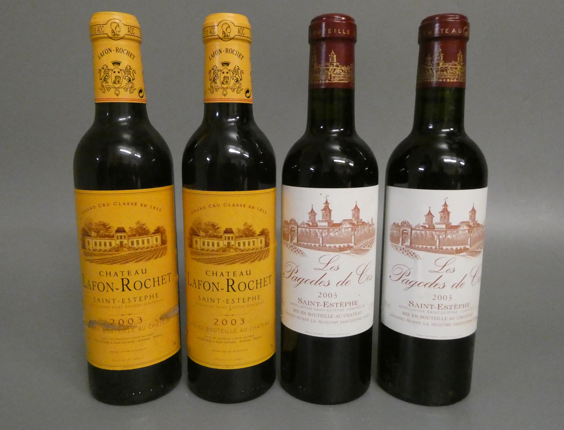 4 half bottles 2003 vintage Saint-Estephe, comprising 2 Chateau Lafon-Rochet & 2 Les Pagodes de Cos, Image