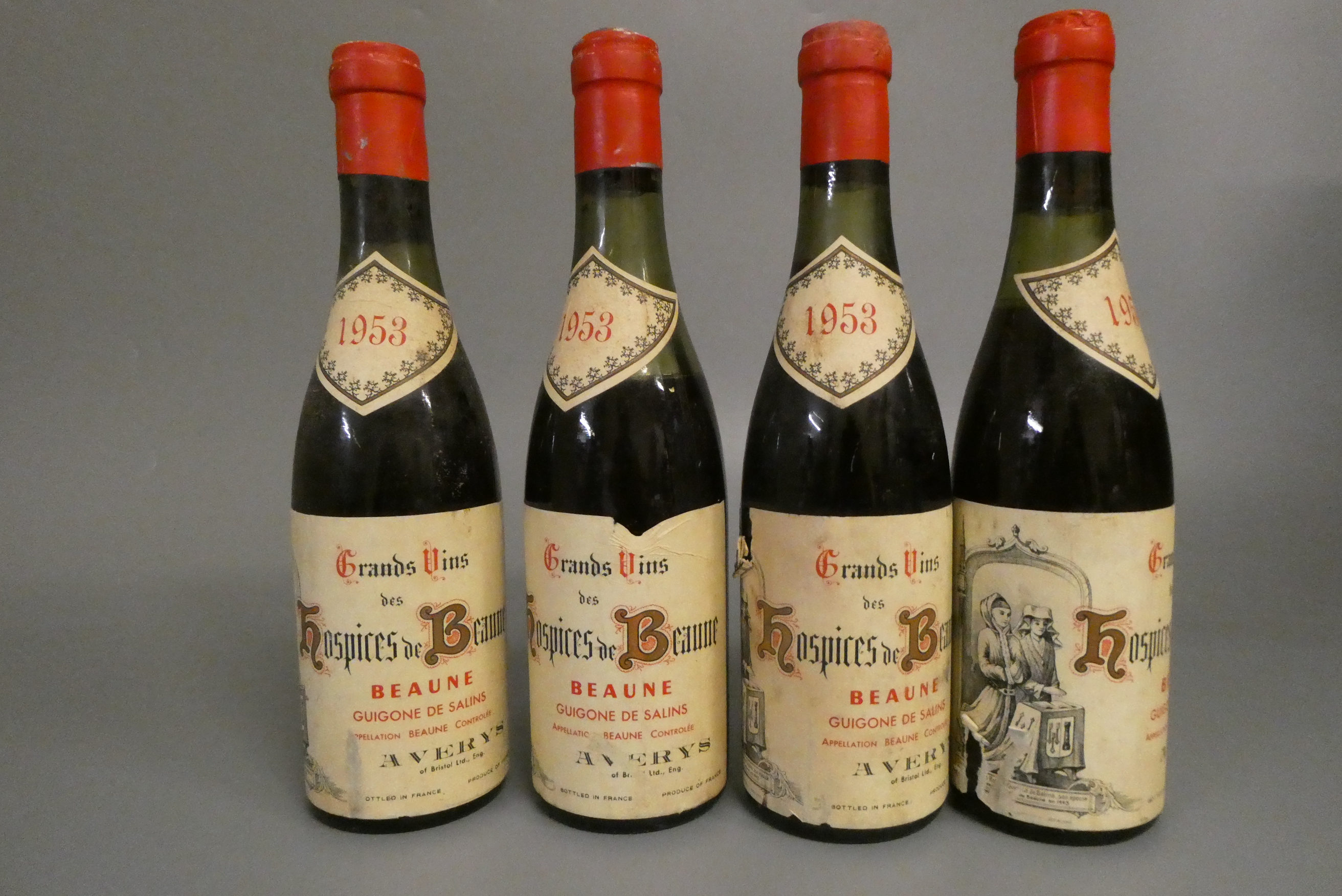 4 half bottles Hospices de Beaune, 1953, Guigone de Salins, Grands Vins, Averys labels (Est. plus Image