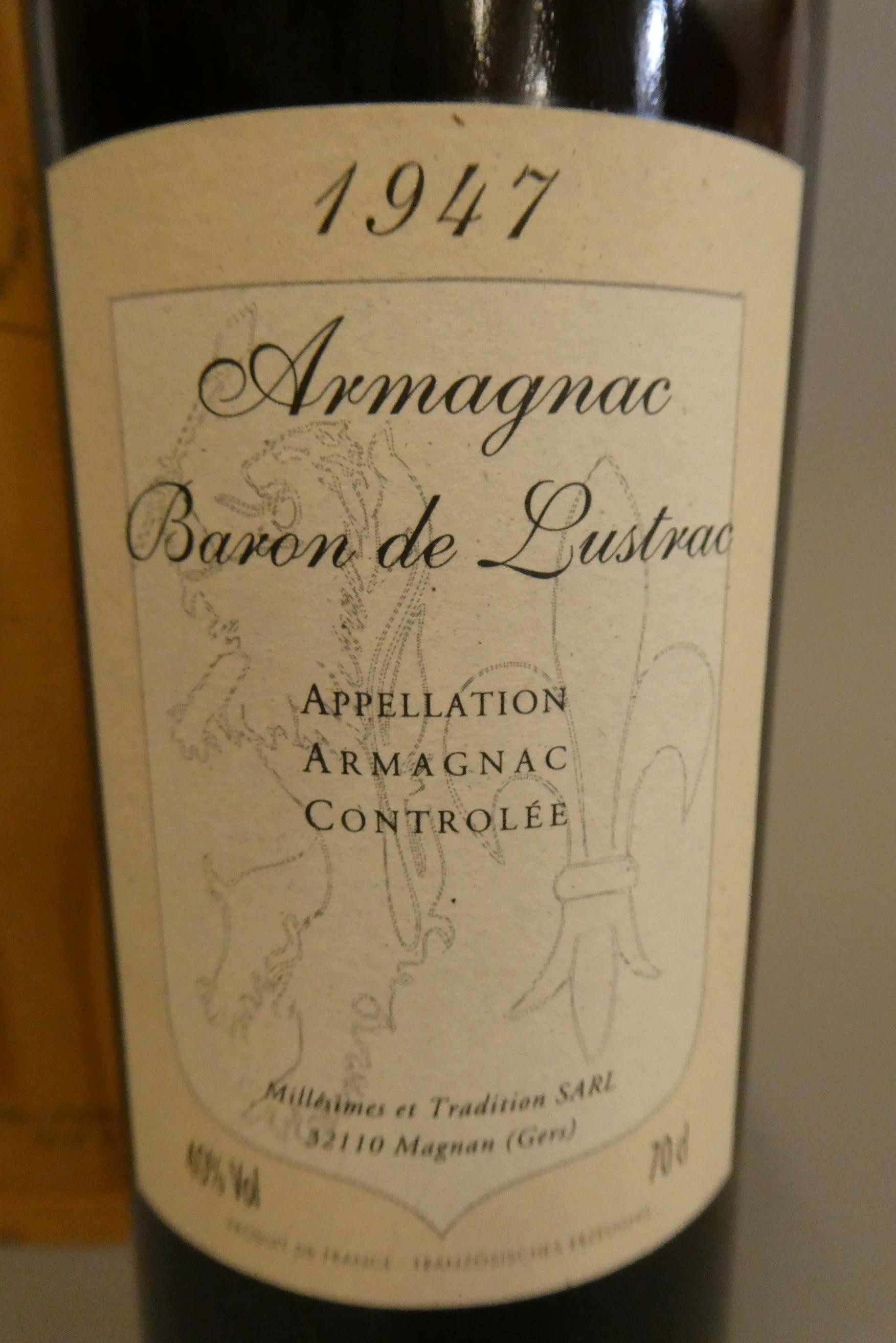 1 bottle Baron de Lustrac 1947 armagnac, 40%, wood box (Est. plus 24% premium inc. VAT) Image