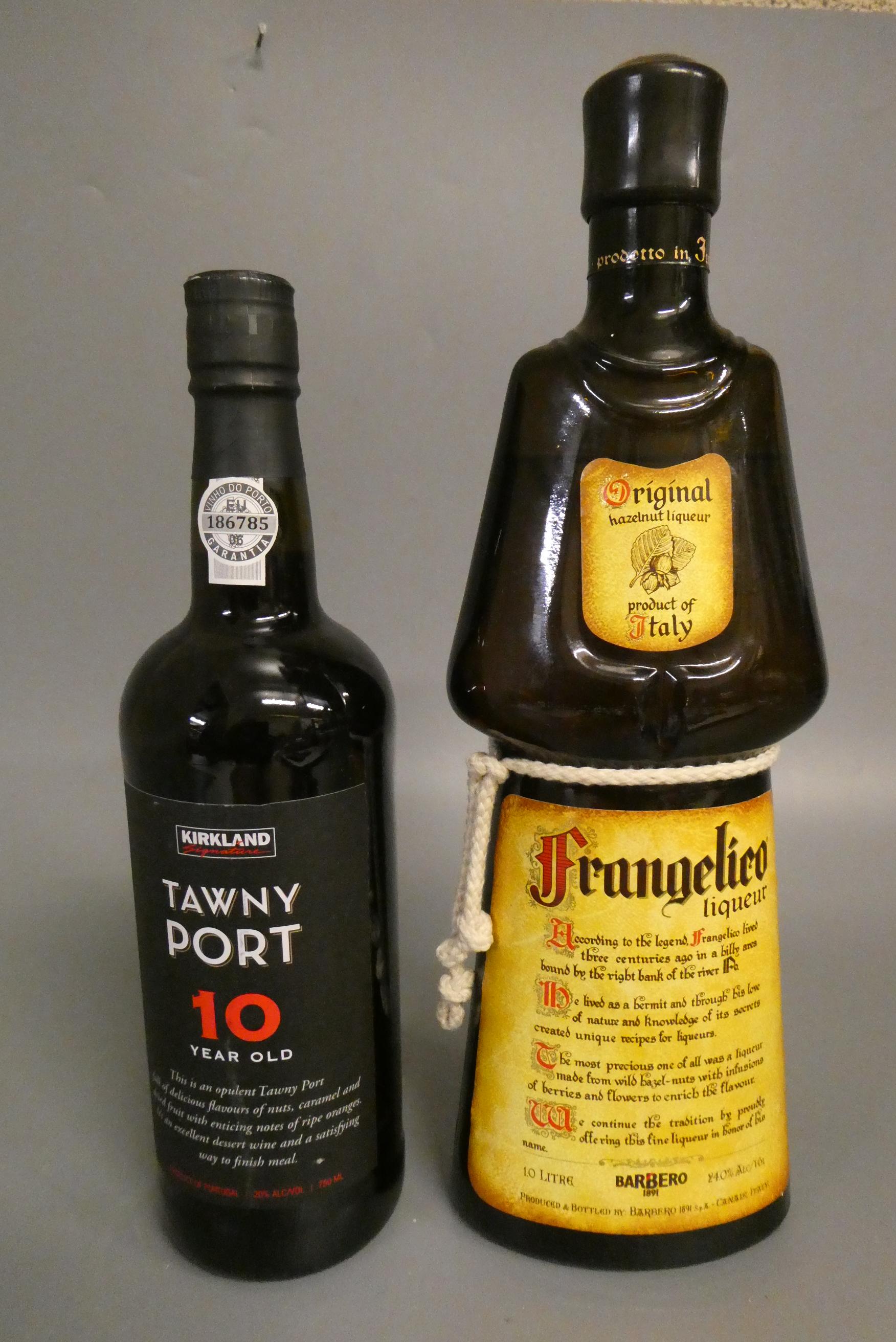2 bottles comprising a 10 year old Tawny Port, Kirkland signature, and a Frangelico liqueur (Est. Image