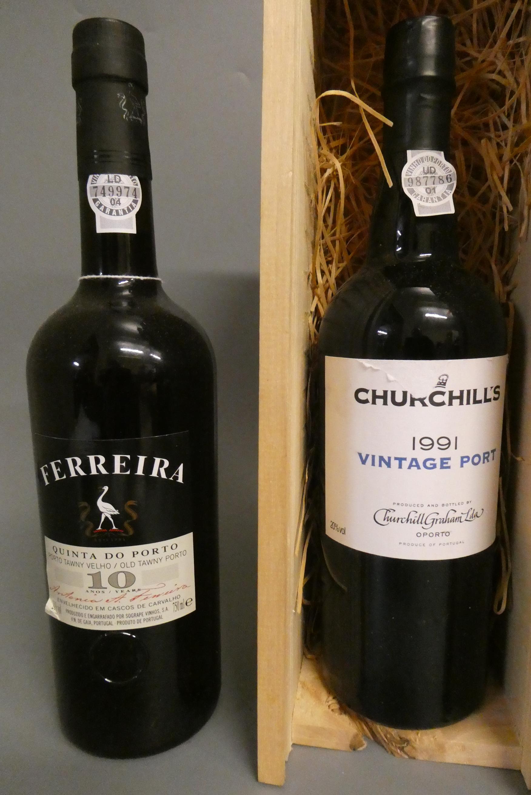 2 bottles of port, comprising 1 Churchill's 1991 vintage port and 1 Ferreira 10 year old tawny port Image