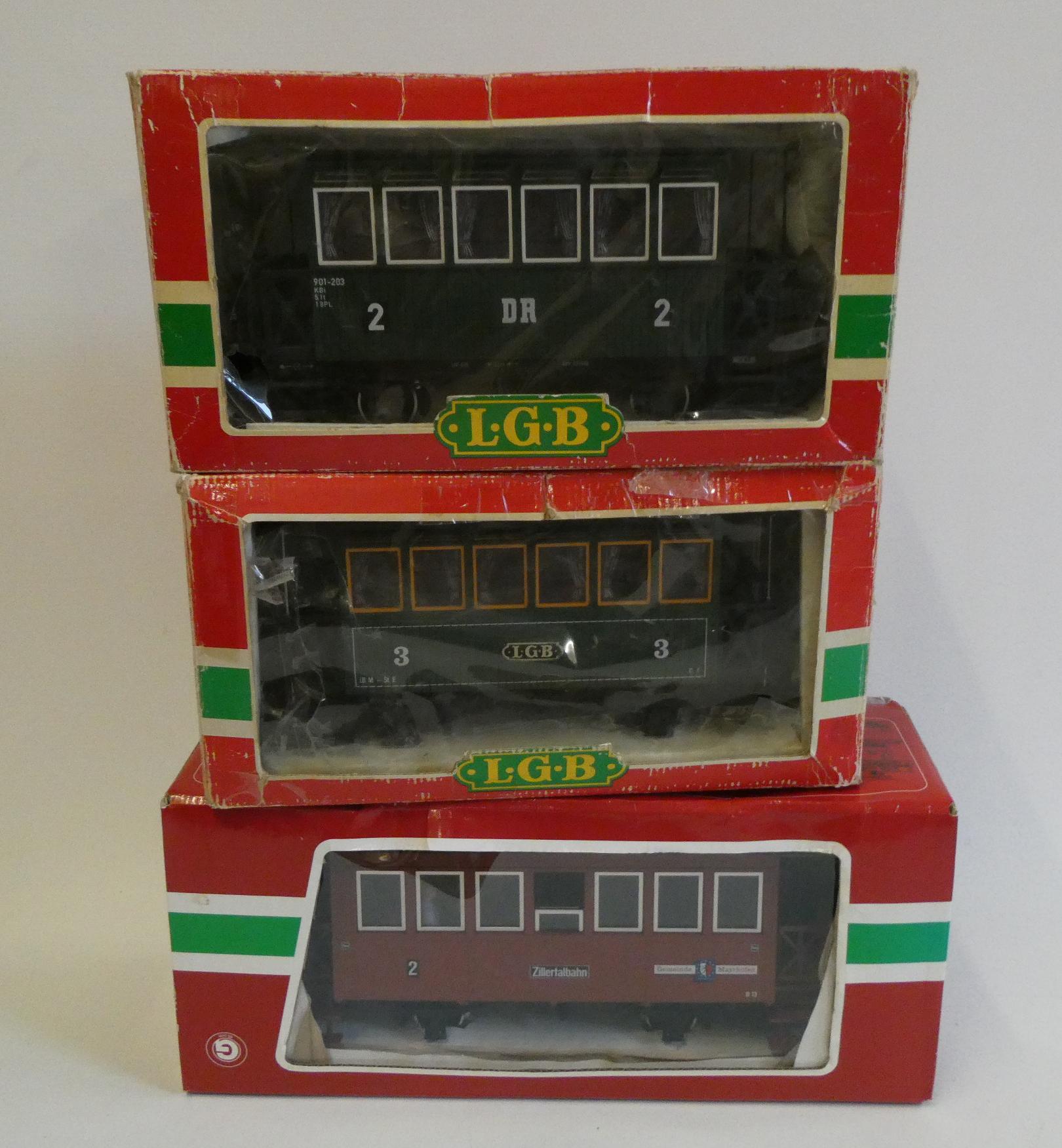 Three LGB four wheeled passenger coaches comprising Zillertalbahn and two green DR coaches, boxed, Image